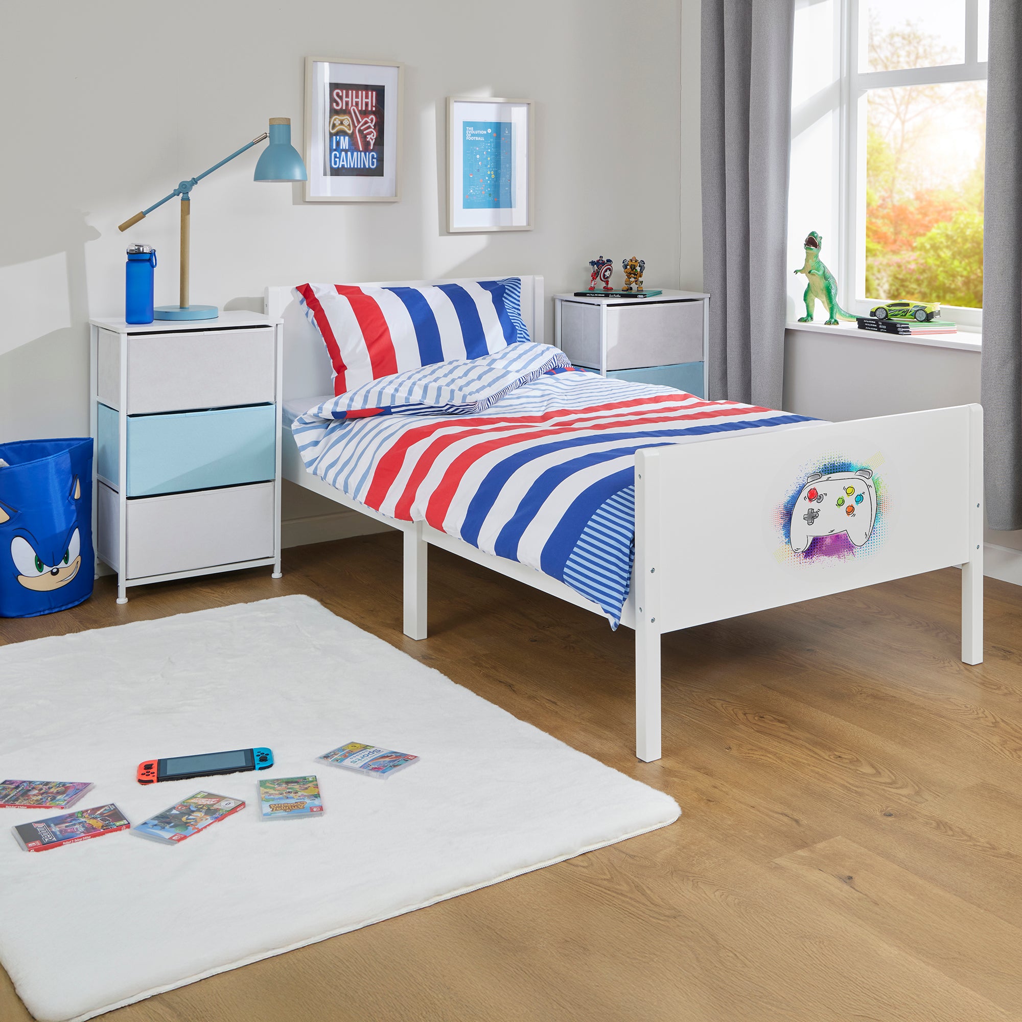 Kids White Single Bed with Gaming Decal (Ages 4+)