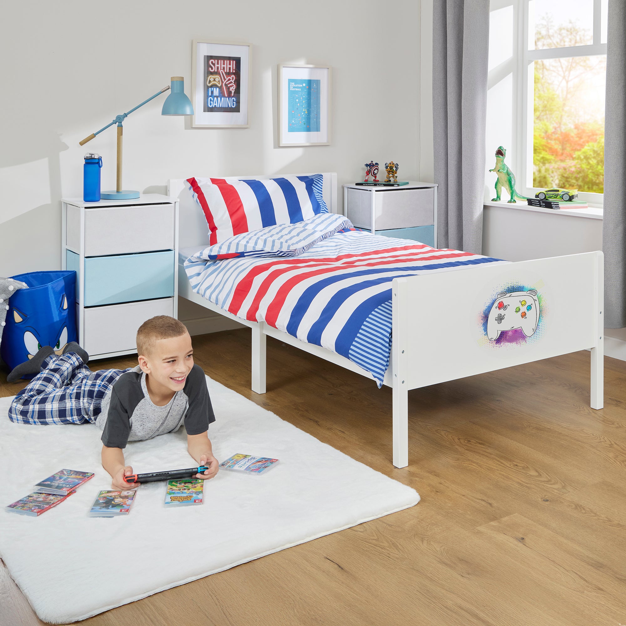 Kids White Single Bed with Gaming Decal (Ages 4+)