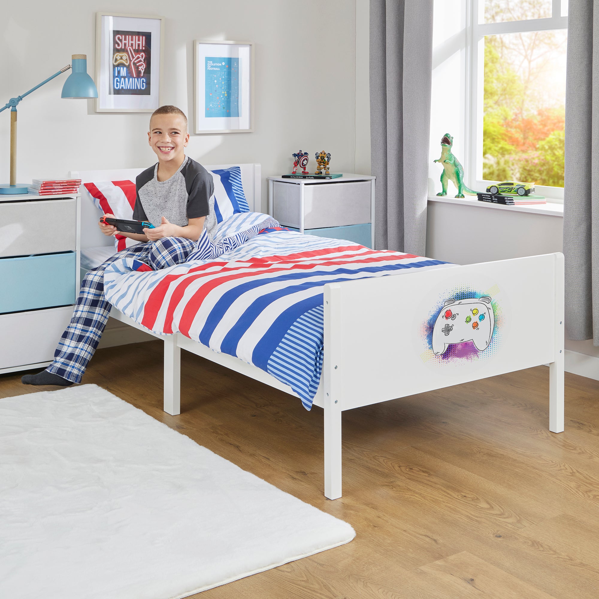 Kids White Single Bed with Gaming Decal (Ages 4+)