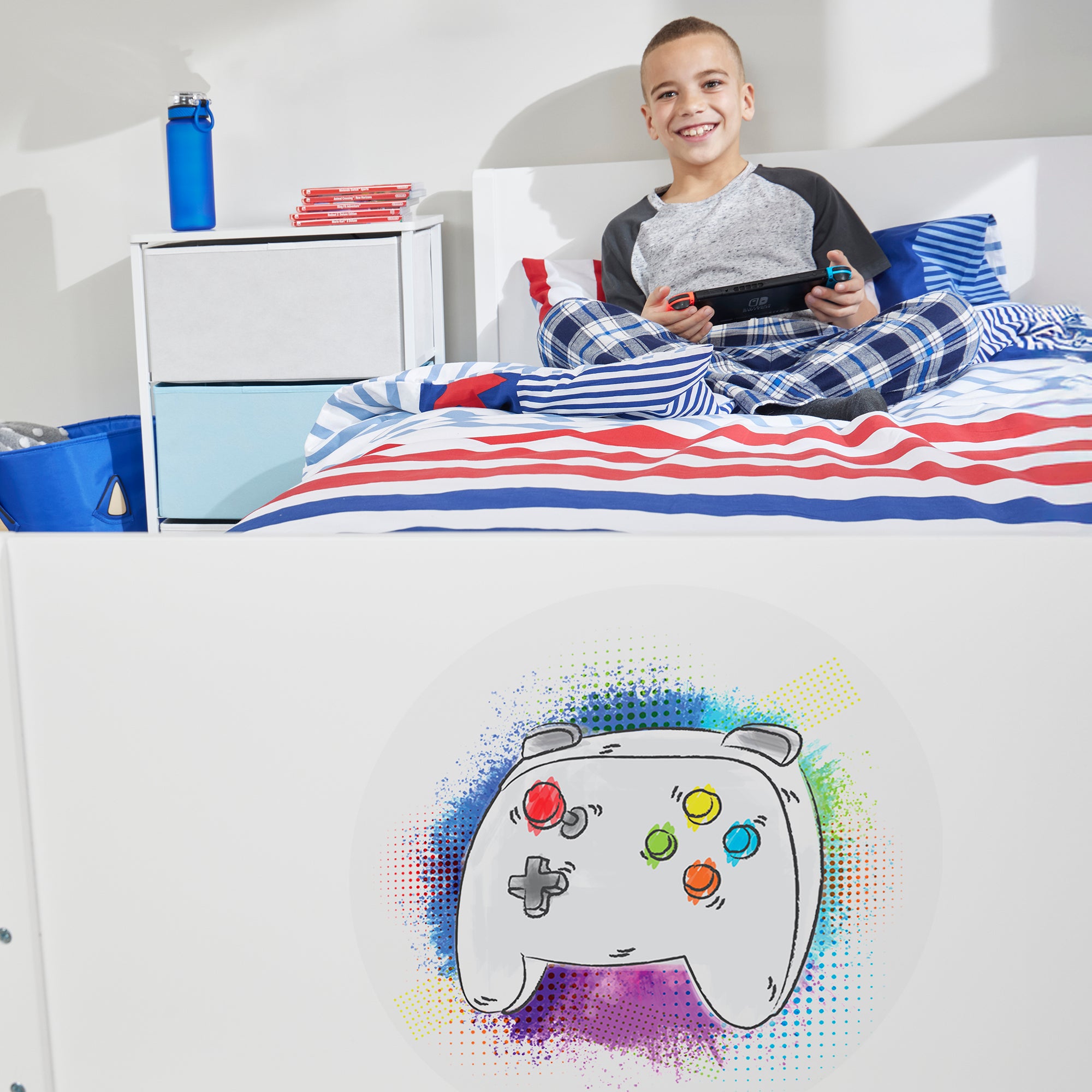 Kids White Single Bed with Gaming Decal (Ages 4+)