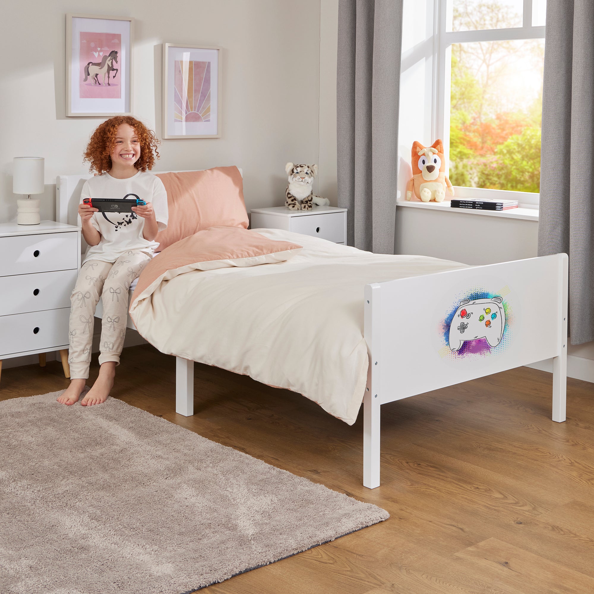 Kids White Single Bed with Gaming Decal (Ages 4+)