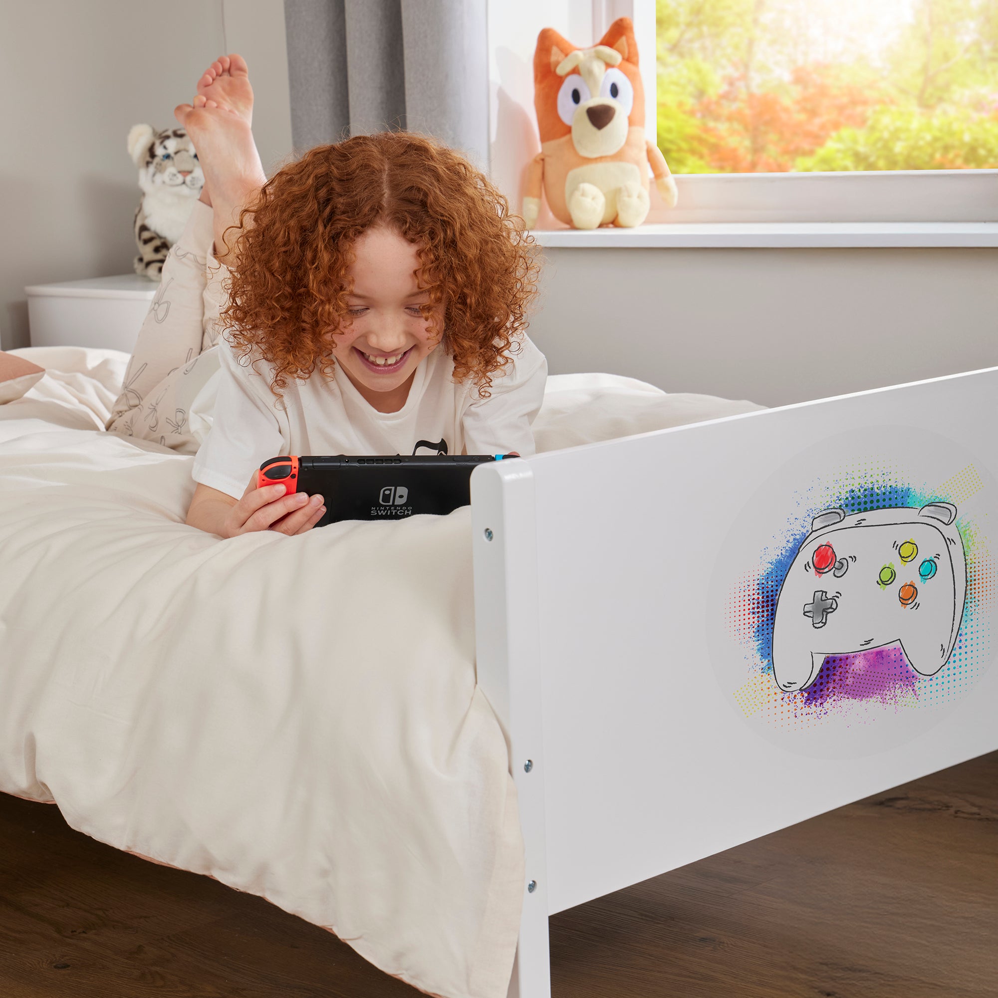 Kids White Single Bed with Gaming Decal (Ages 4+)