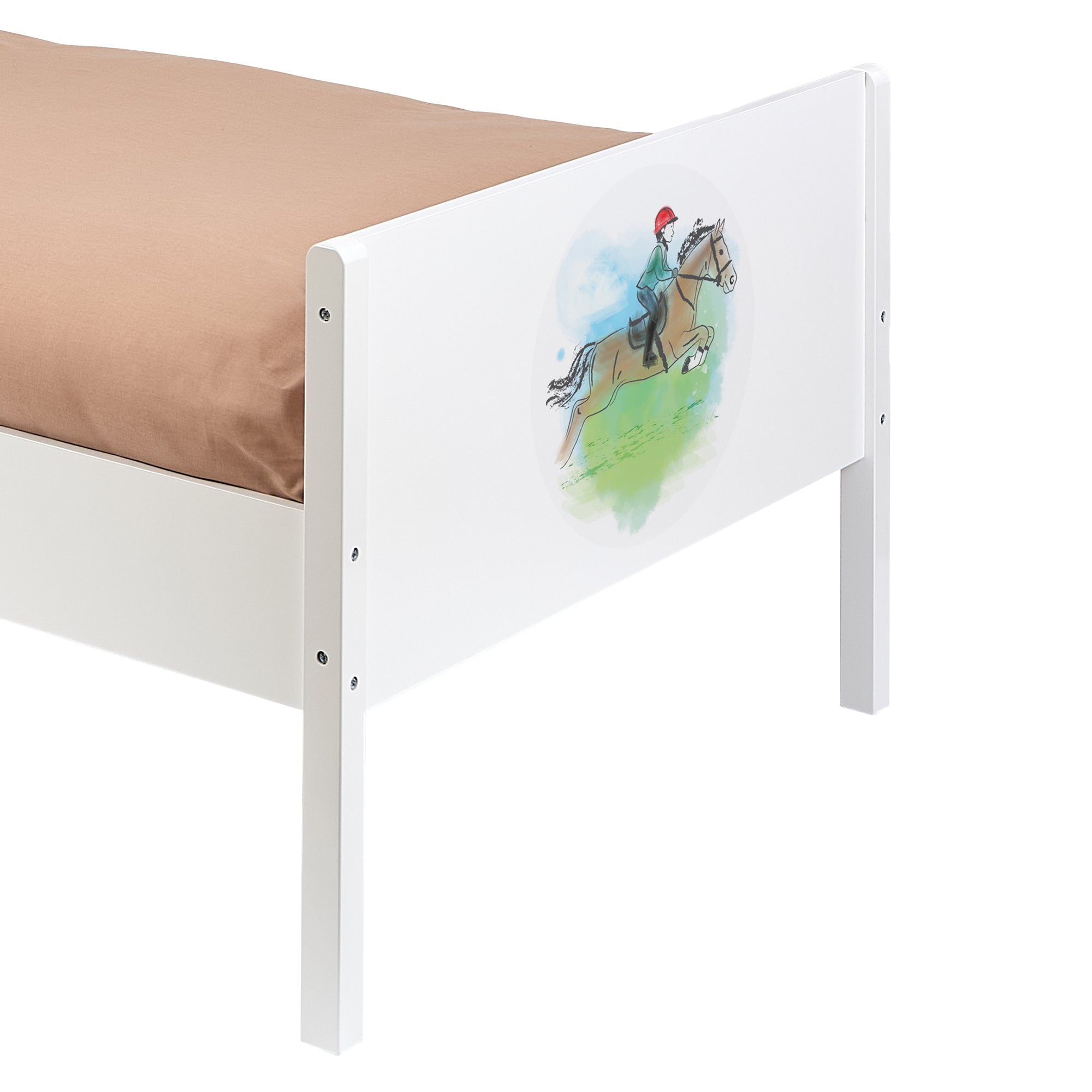 Kids White Single Bed with Horse Rider Decal (Ages 4+)
