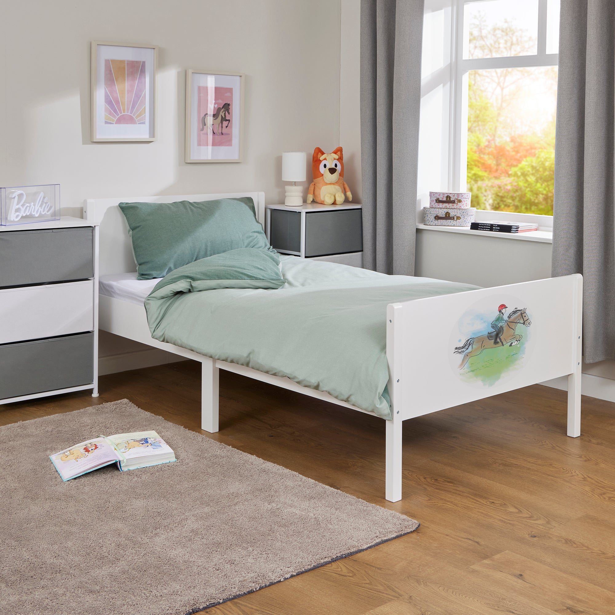 Kids White Single Bed with Horse Rider Decal (Ages 4+)