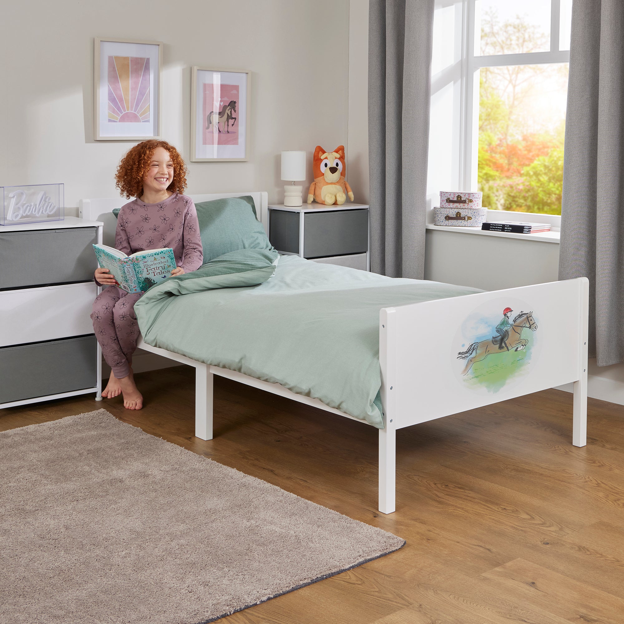 Kids White Single Bed with Horse Rider Decal (Ages 4+)