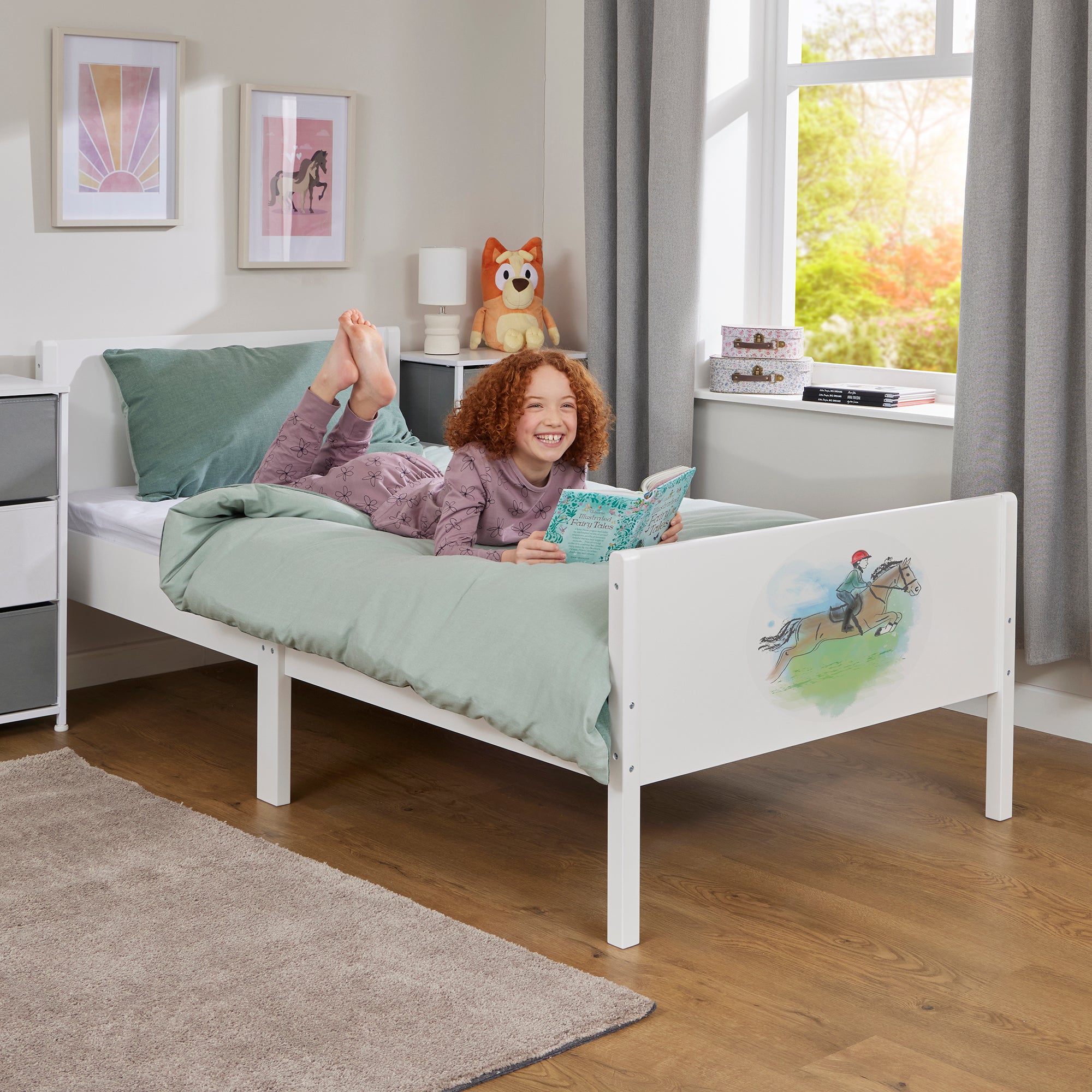 Kids White Single Bed with Horse Rider Decal (Ages 4+)