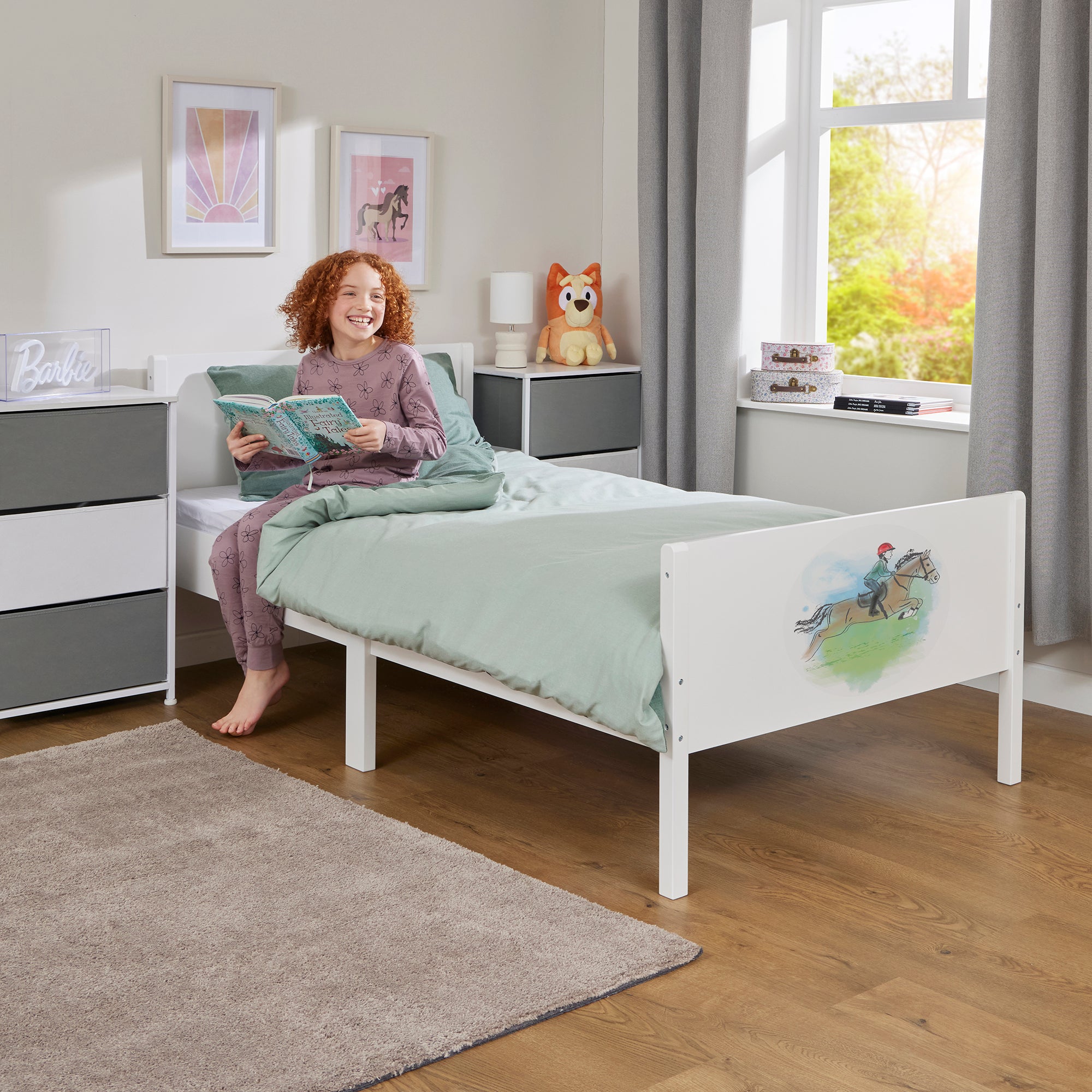 Kids White Single Bed with Horse Rider Decal (Ages 4+)