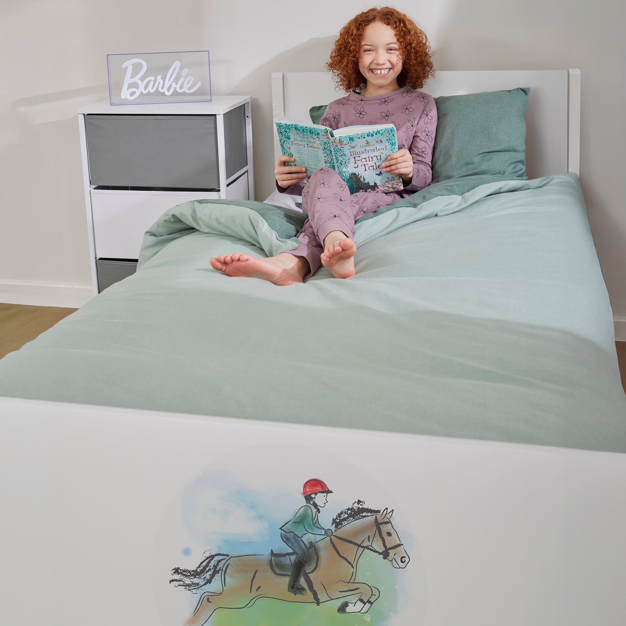 Kids White Single Bed with Horse Rider Decal (Ages 4+)