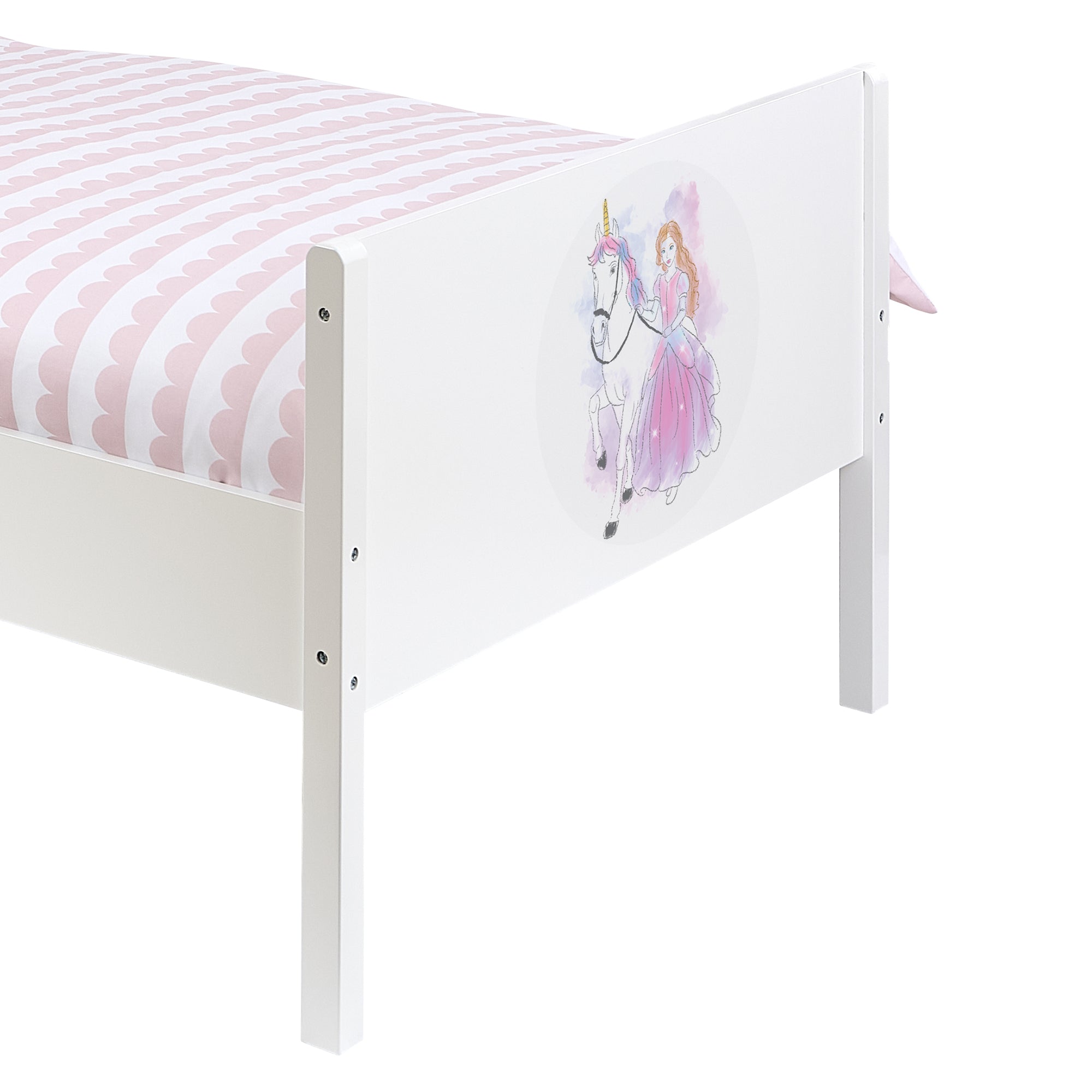Kids White Single Bed with Princess Unicorn Decal (Ages 4+)