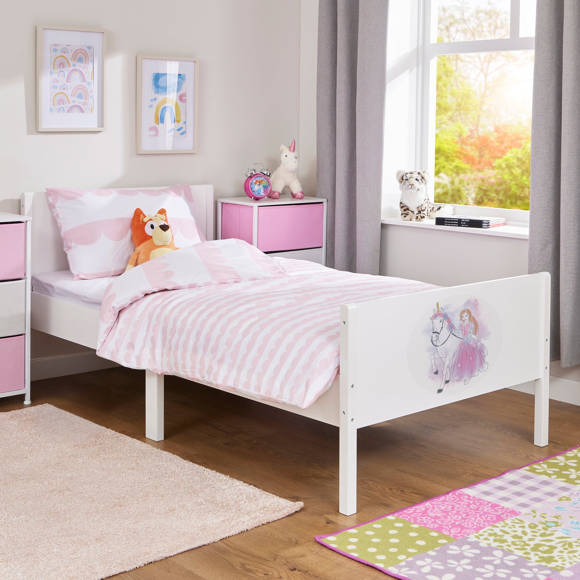 Kids White Single Bed with Princess Unicorn Decal (Ages 4+)