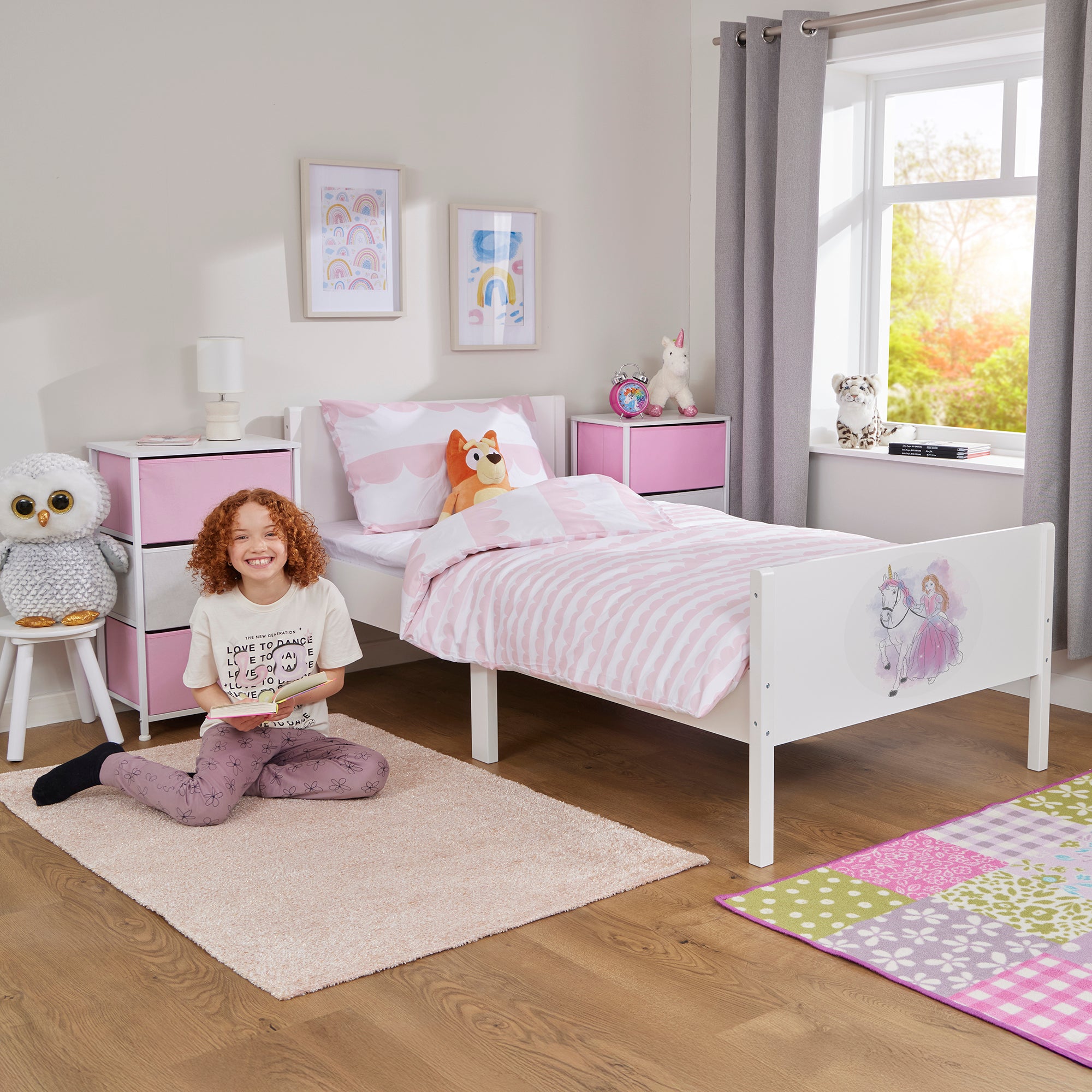 Kids White Single Bed with Princess Unicorn Decal (Ages 4+)