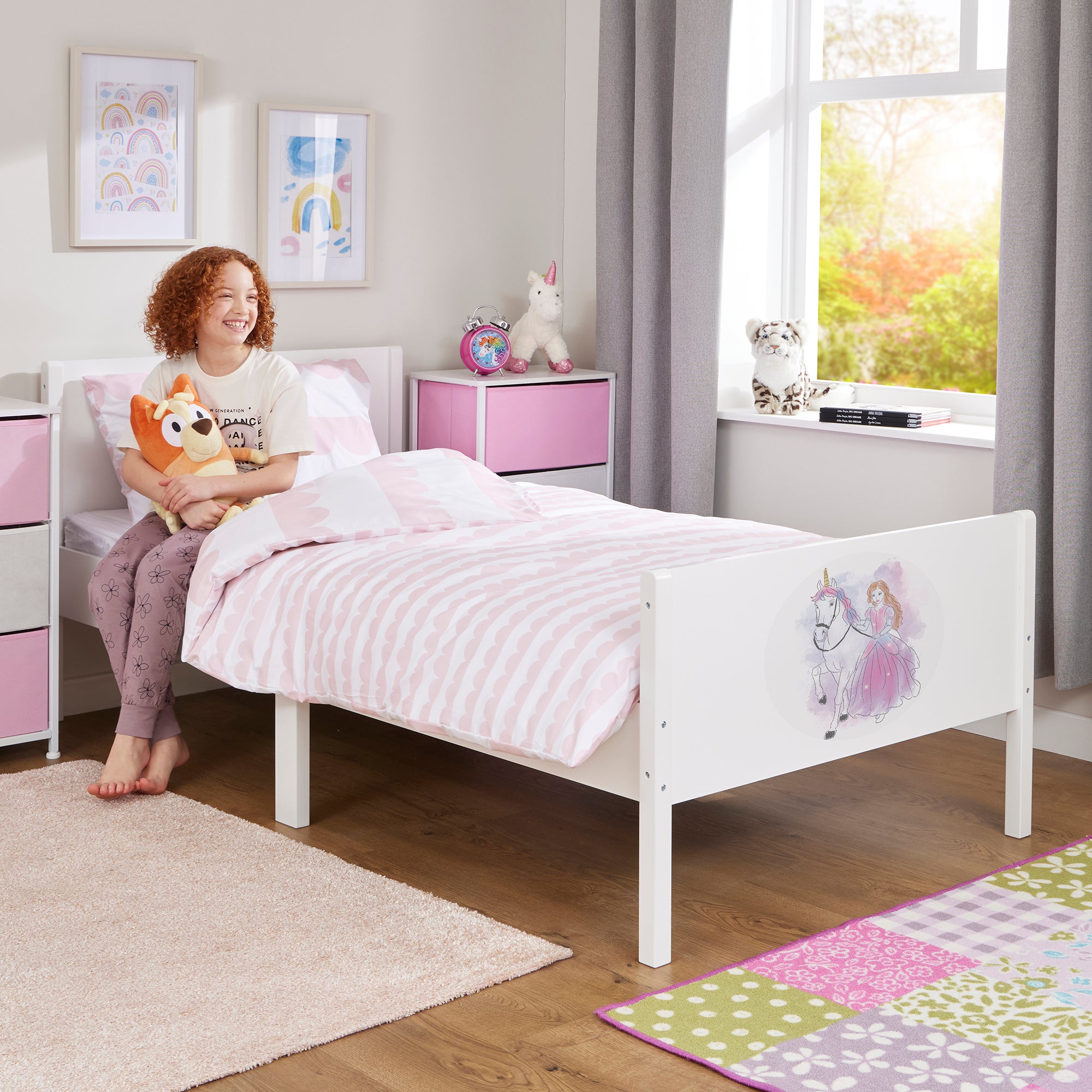 Kids White Single Bed with Princess Unicorn Decal (Ages 4+)
