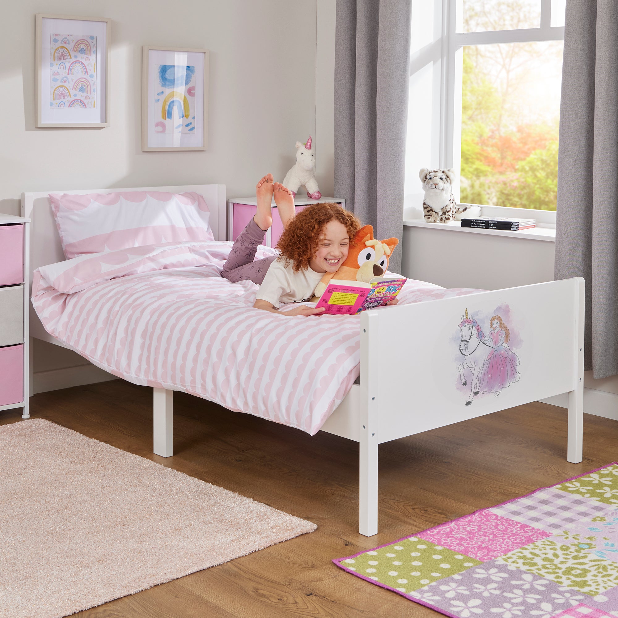 Kids White Single Bed with Princess Unicorn Decal (Ages 4+)