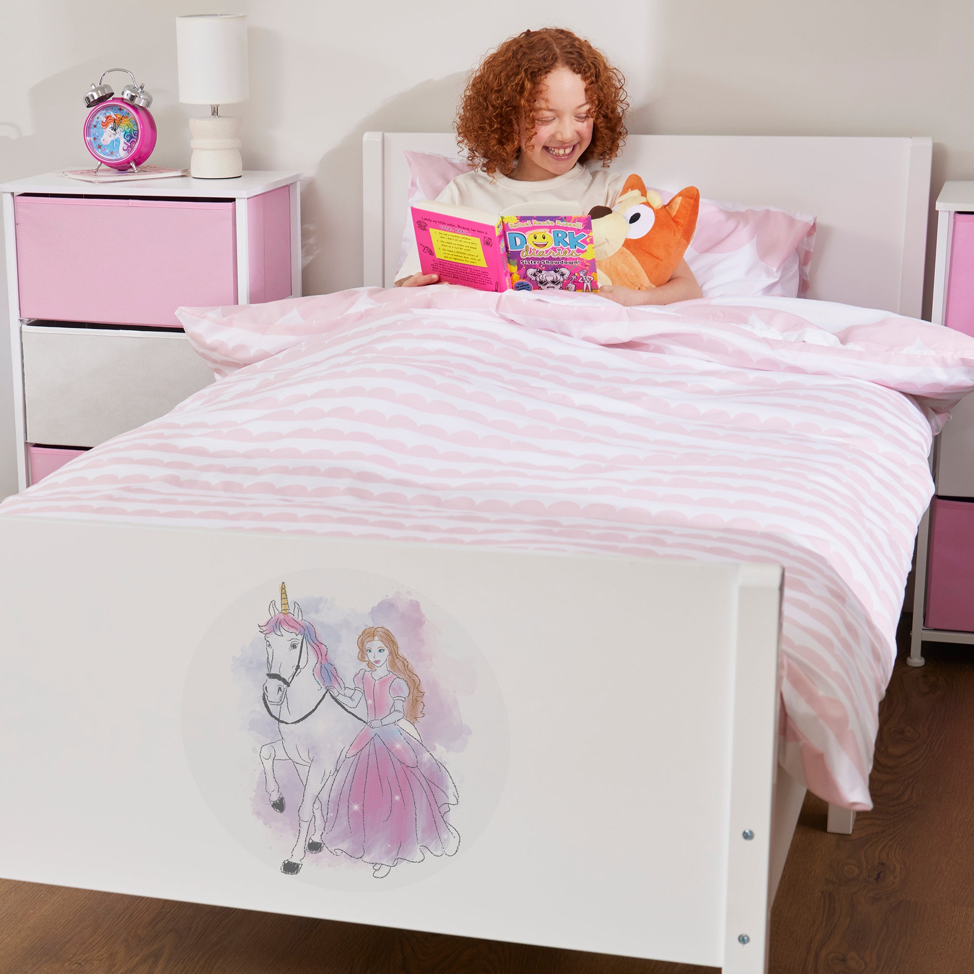 Kids White Single Bed with Princess Unicorn Decal (Ages 4+)