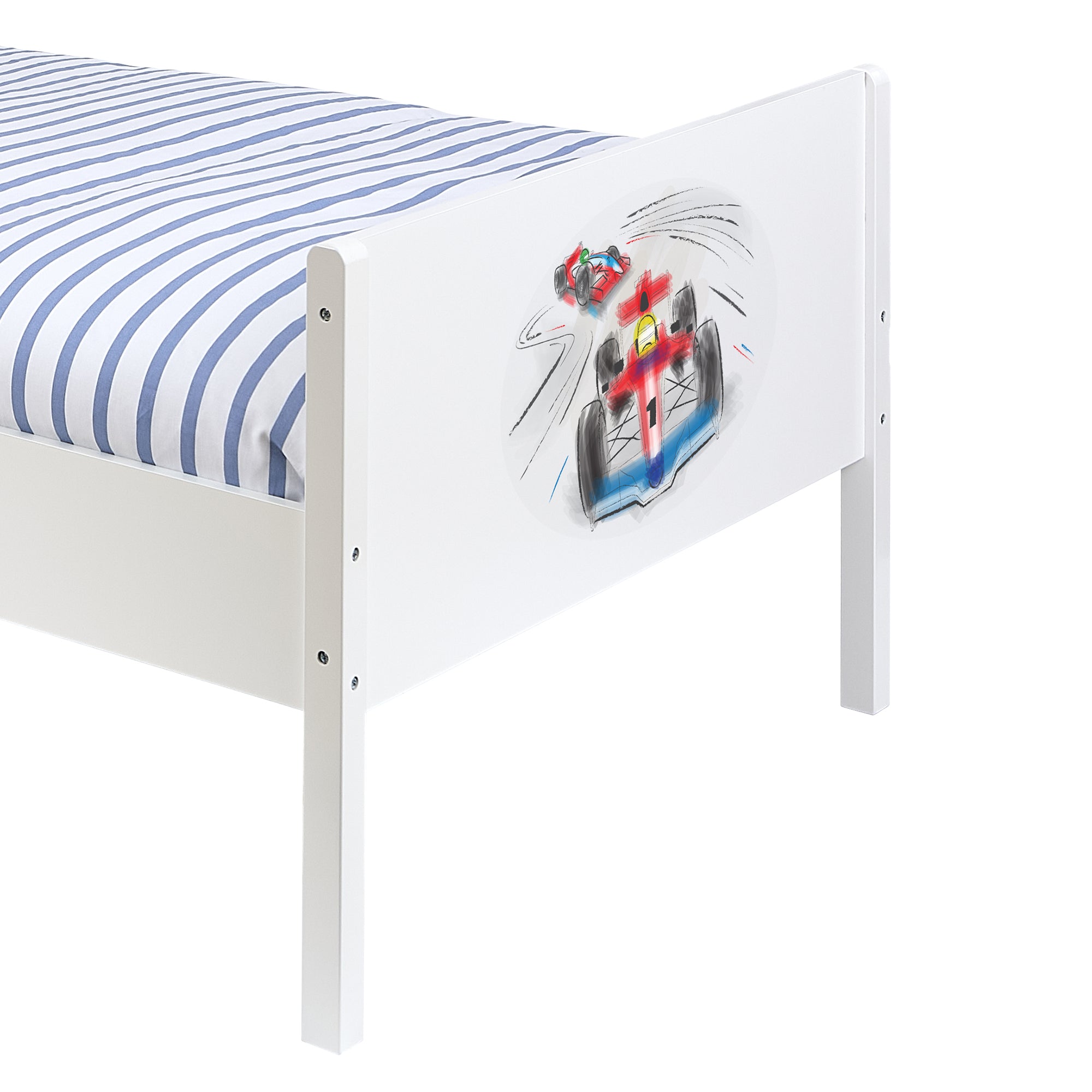 Kids White Single Bed with Racing Car Decal (Ages 4+)