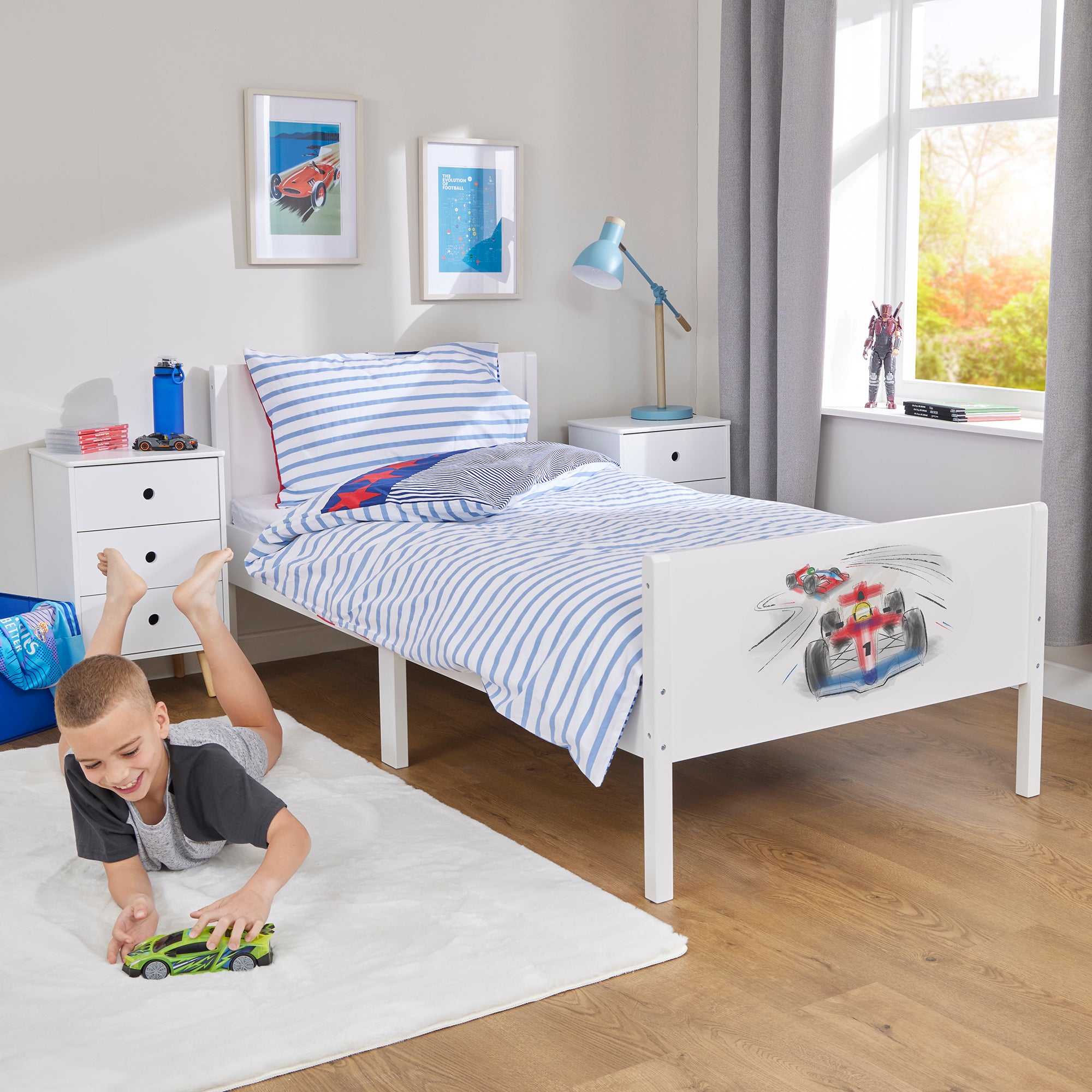 Kids White Single Bed with Racing Car Decal (Ages 4+)