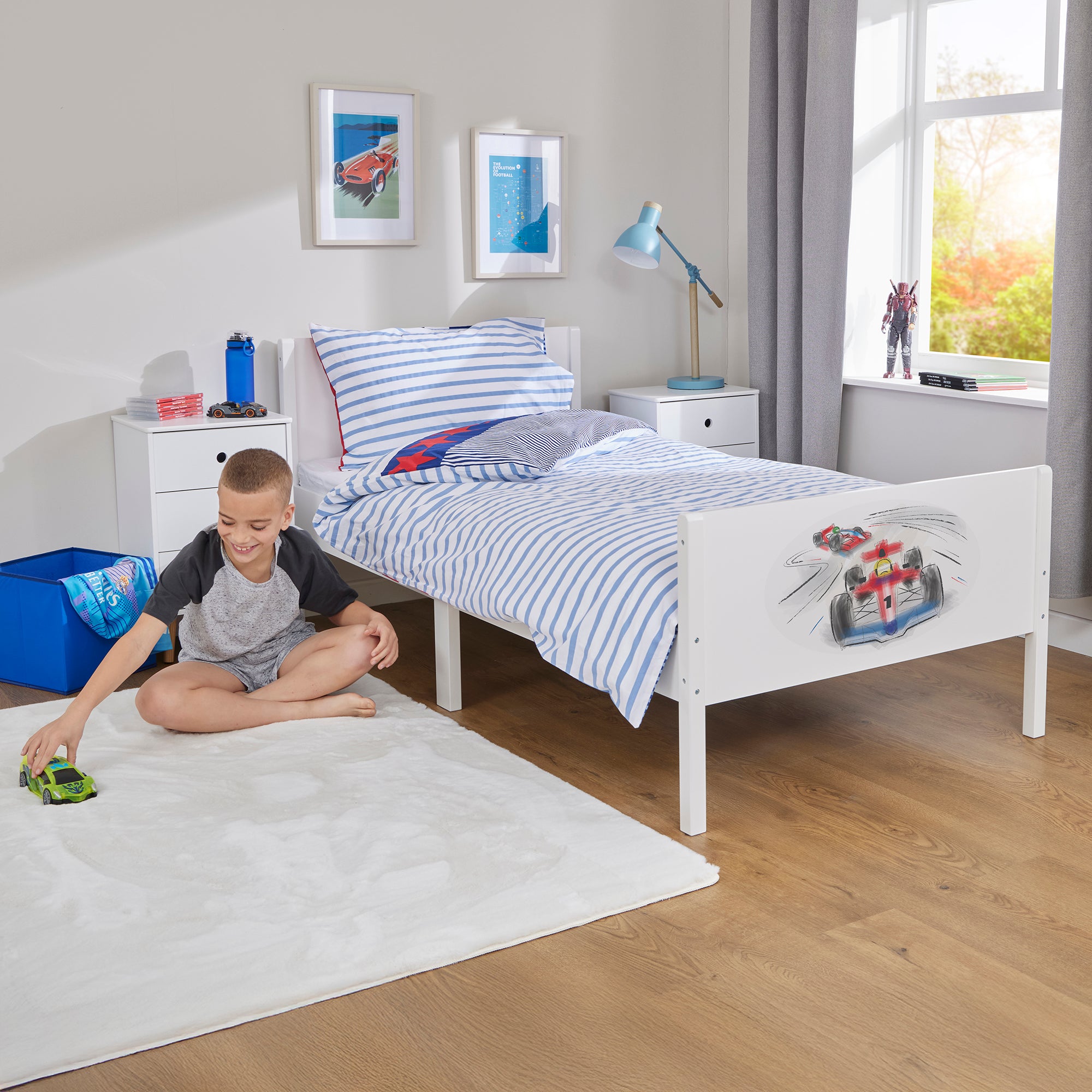 Kids White Single Bed with Racing Car Decal (Ages 4+)