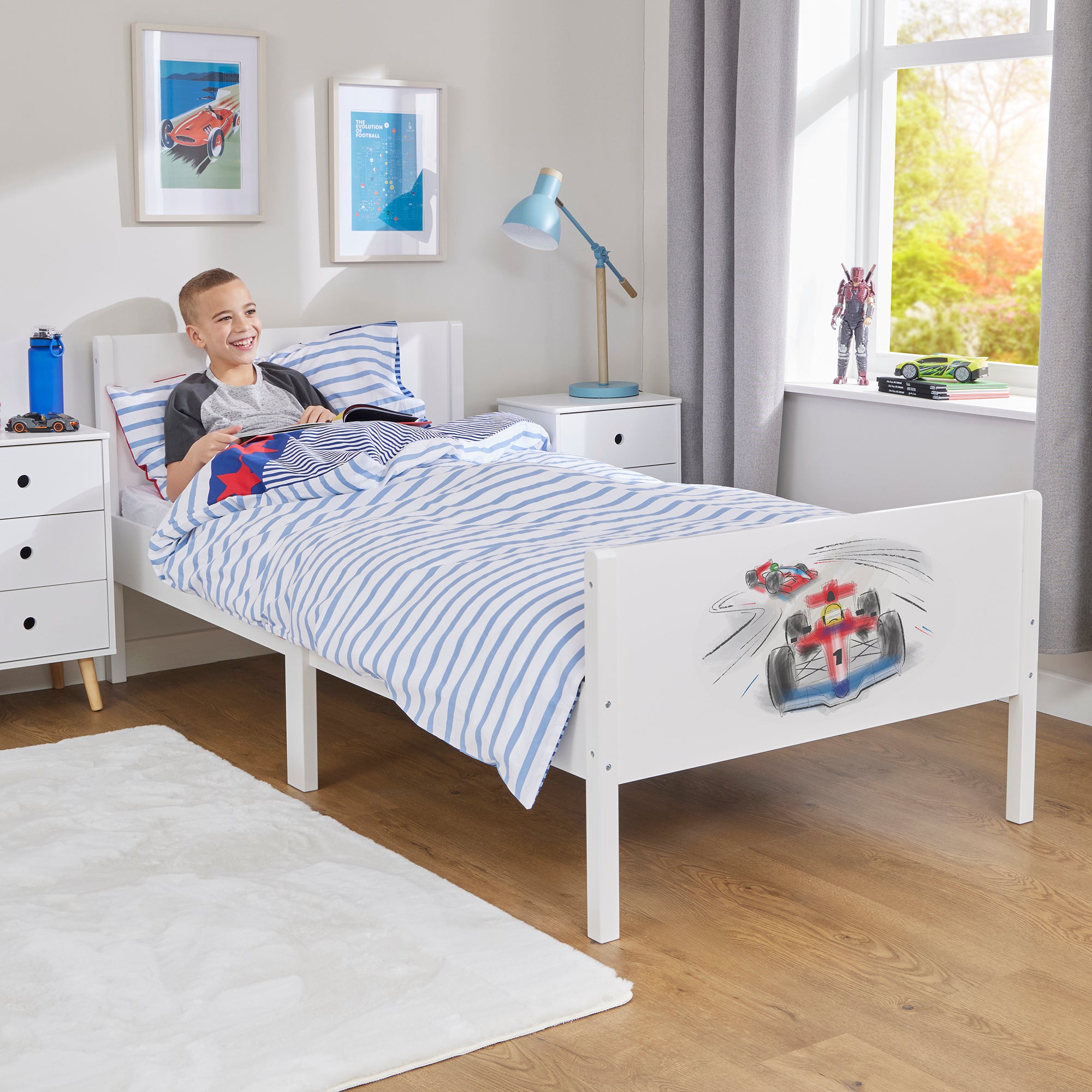Kids White Single Bed with Racing Car Decal (Ages 4+)