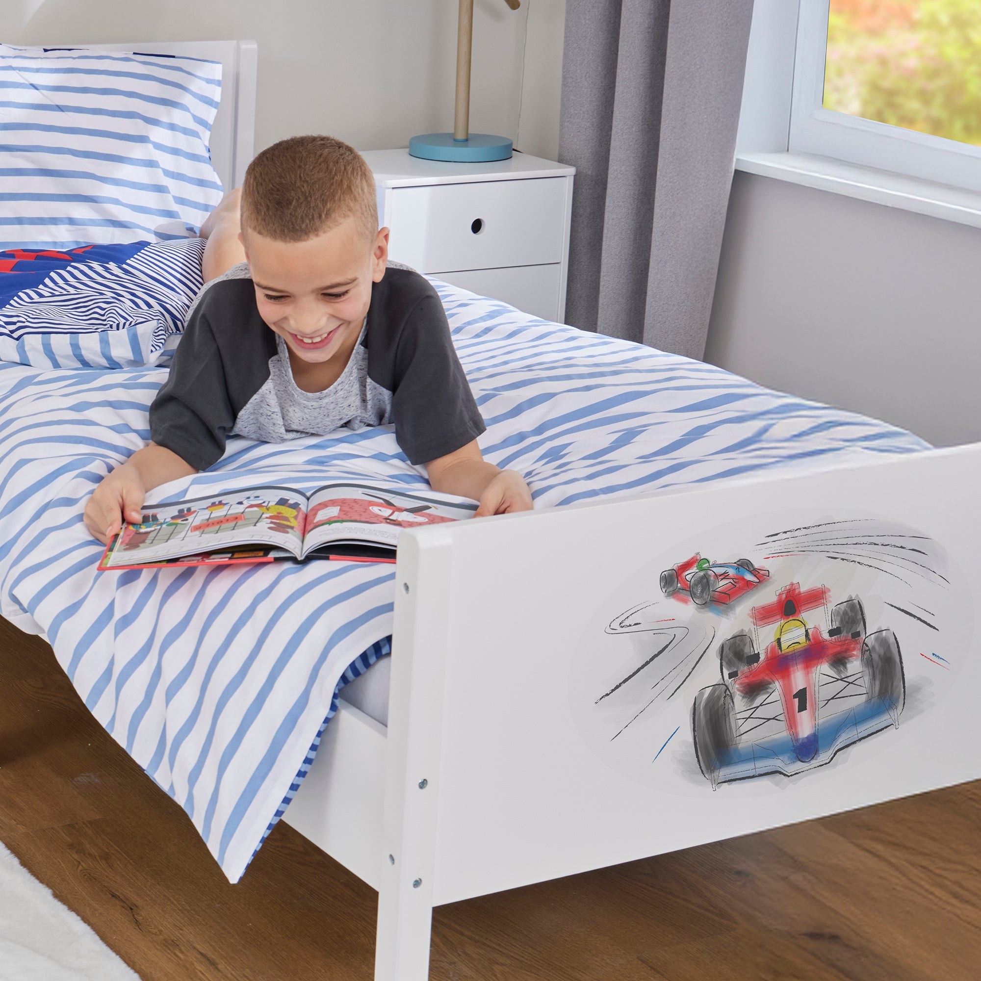 Kids White Single Bed with Racing Car Decal (Ages 4+)