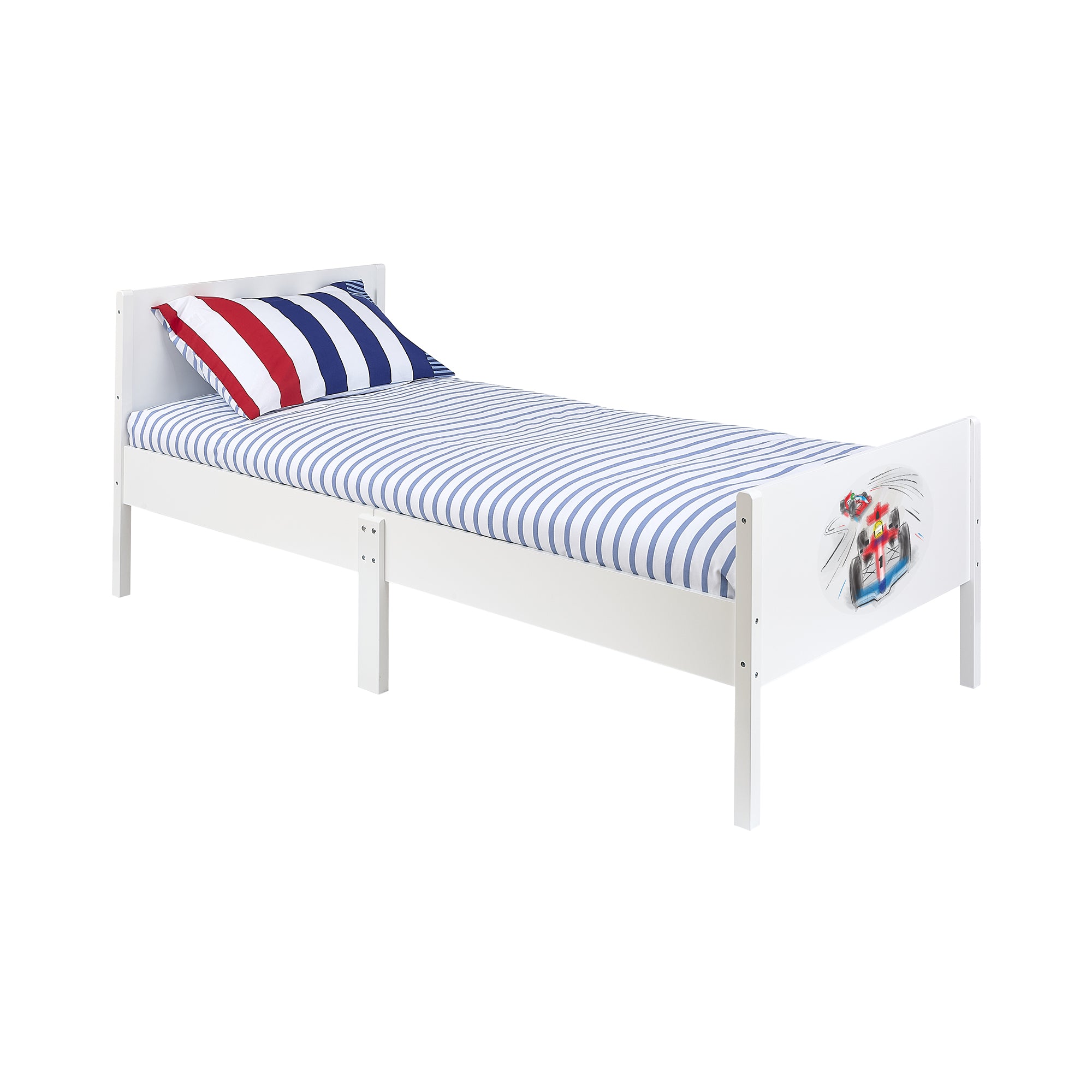 Kids White Single Bed with Racing Car Decal (Ages 4+)