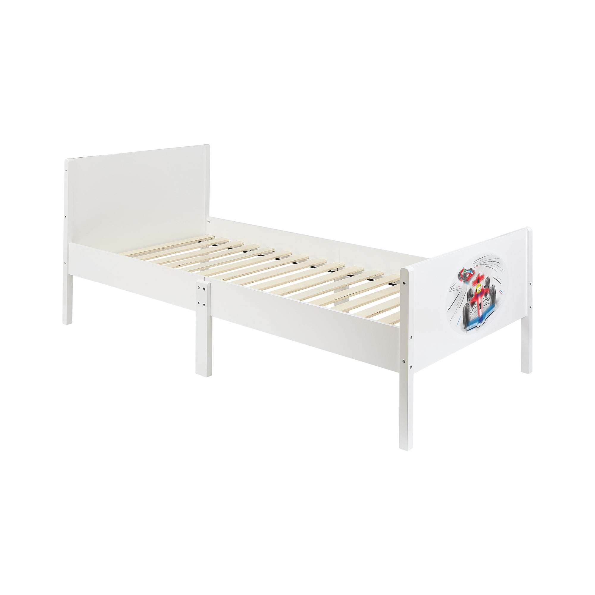 Kids White Single Bed with Racing Car Decal (Ages 4+)