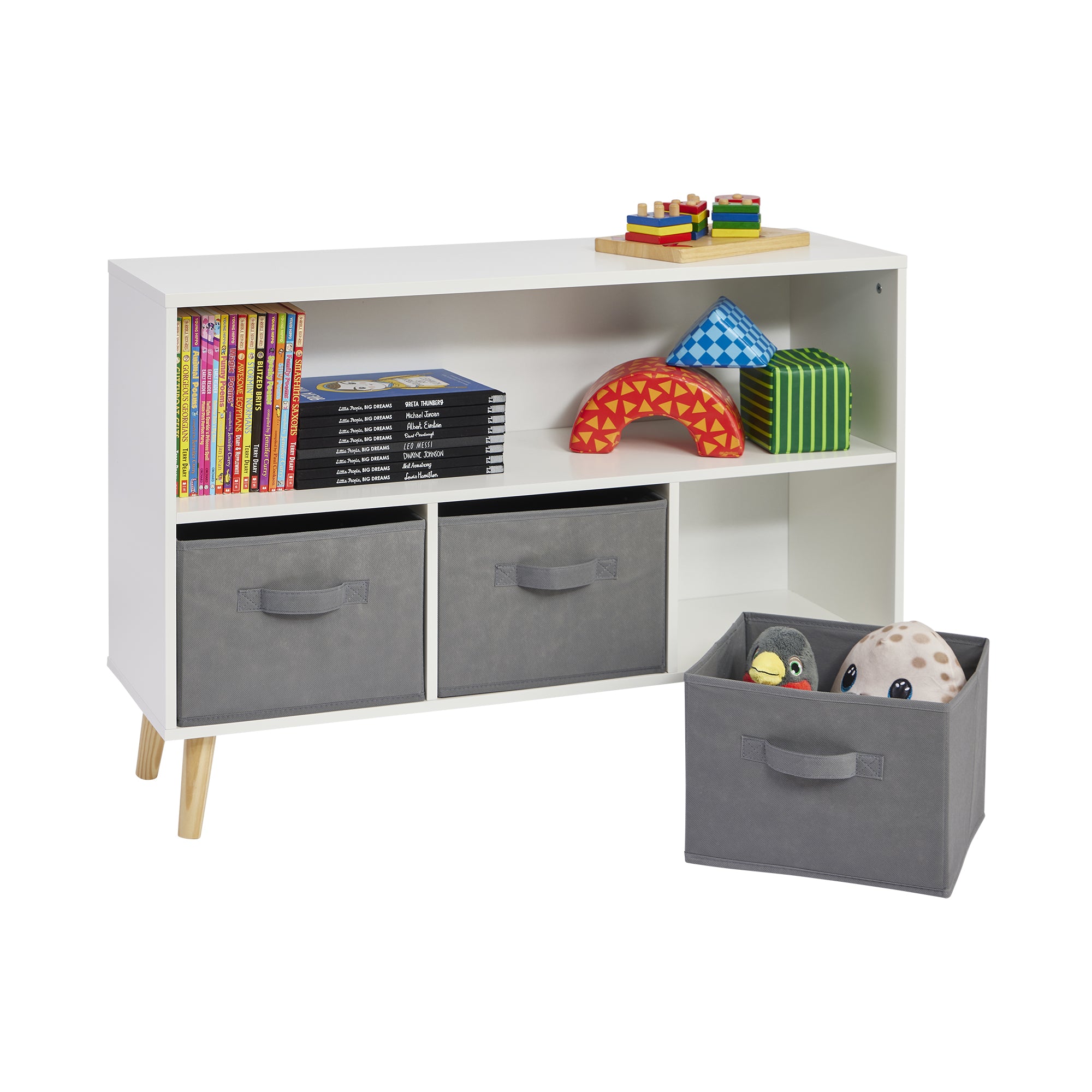 Kids Storage Shelf with 3 Fabric Bins (Ages 3-12 Years)