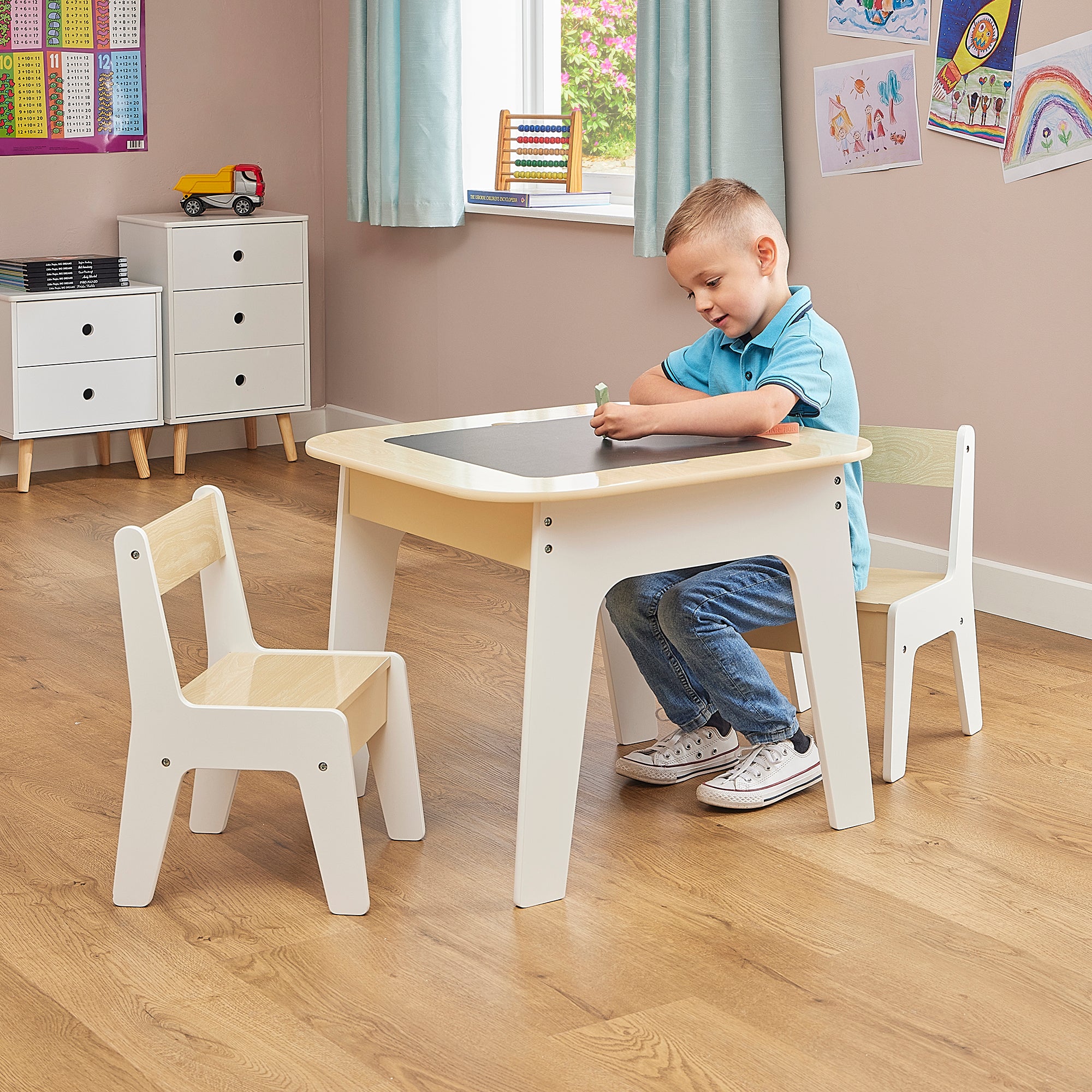 Kids 3-in-1 Storage Table & 2 Chairs Set (18 Months – 5 Years)