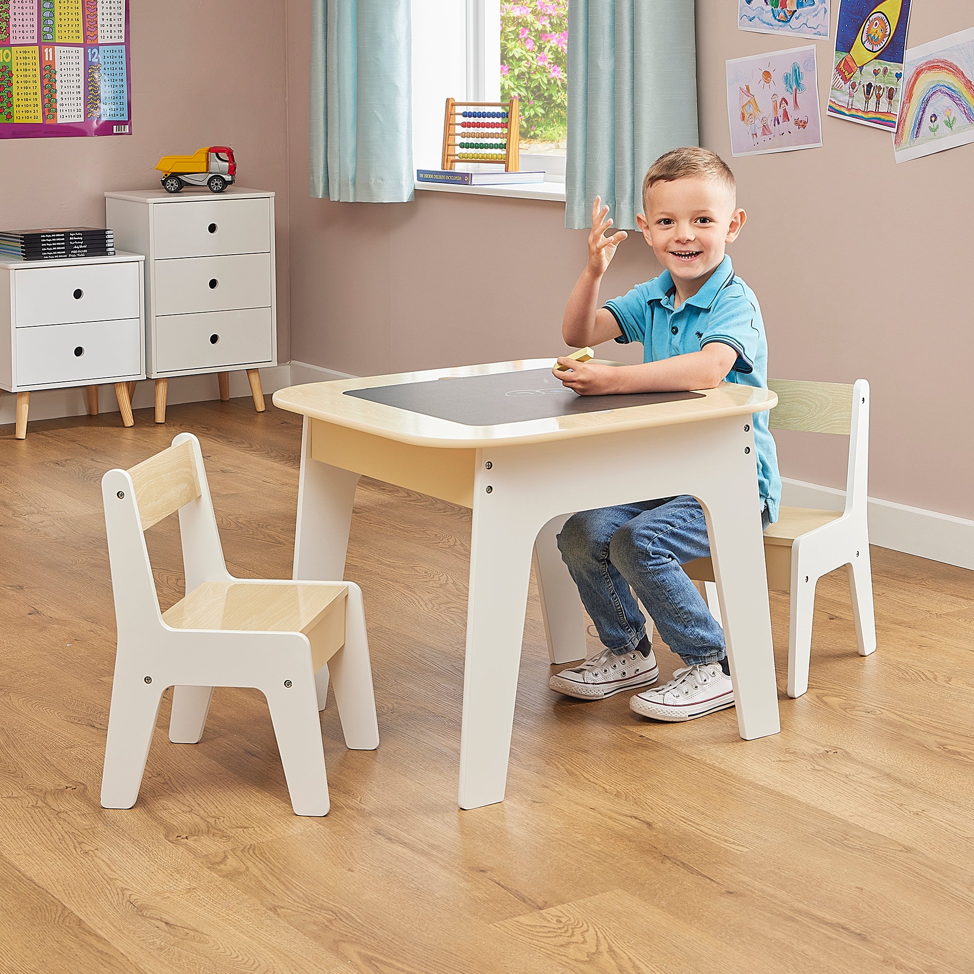 Kids 3-in-1 Storage Table & 2 Chairs Set (18 Months – 5 Years)
