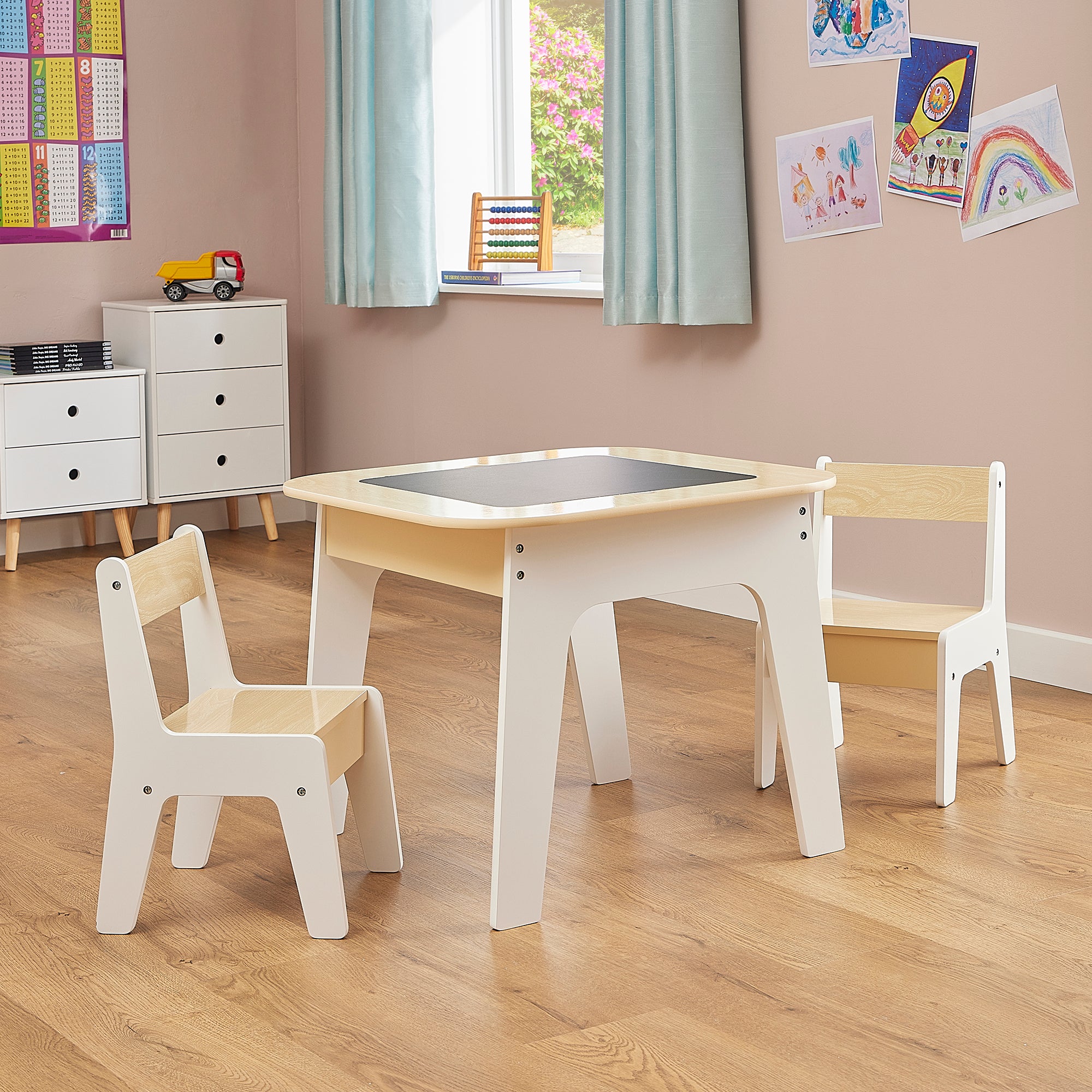 Kids 3-in-1 Storage Table & 2 Chairs Set (18 Months – 5 Years)