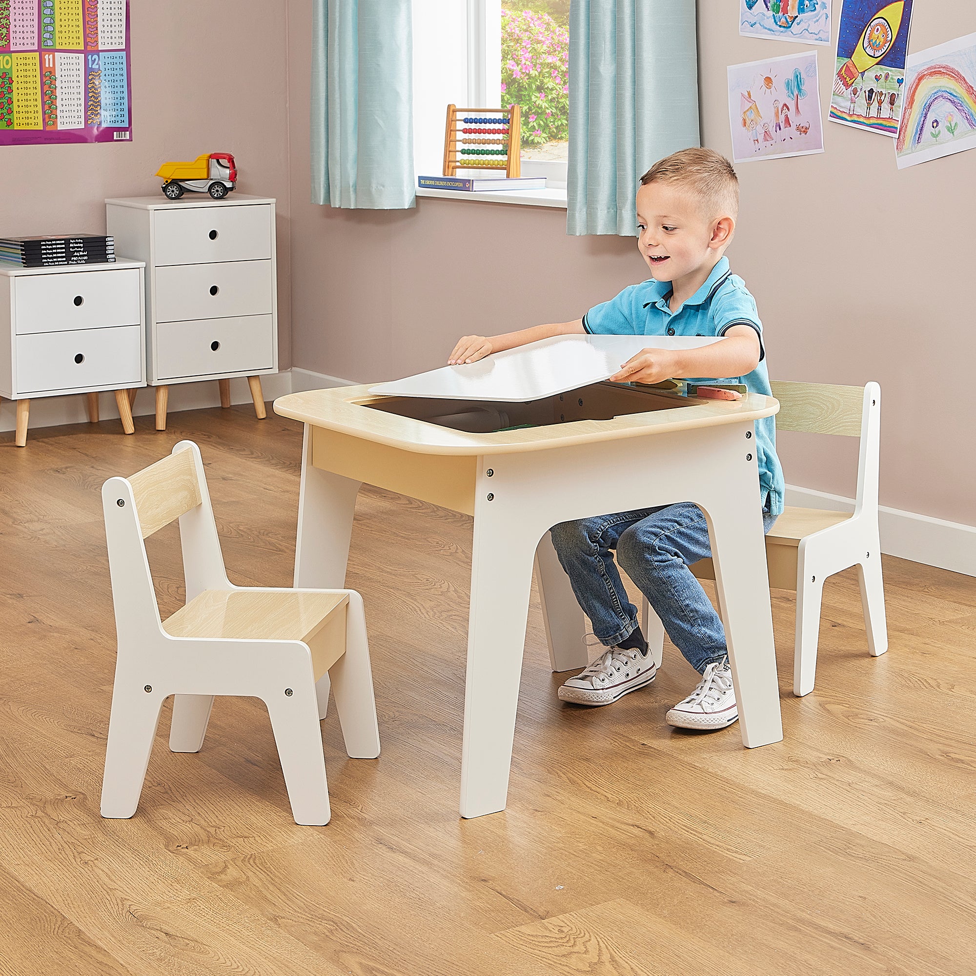 Kids 3-in-1 Storage Table & 2 Chairs Set (18 Months – 5 Years)