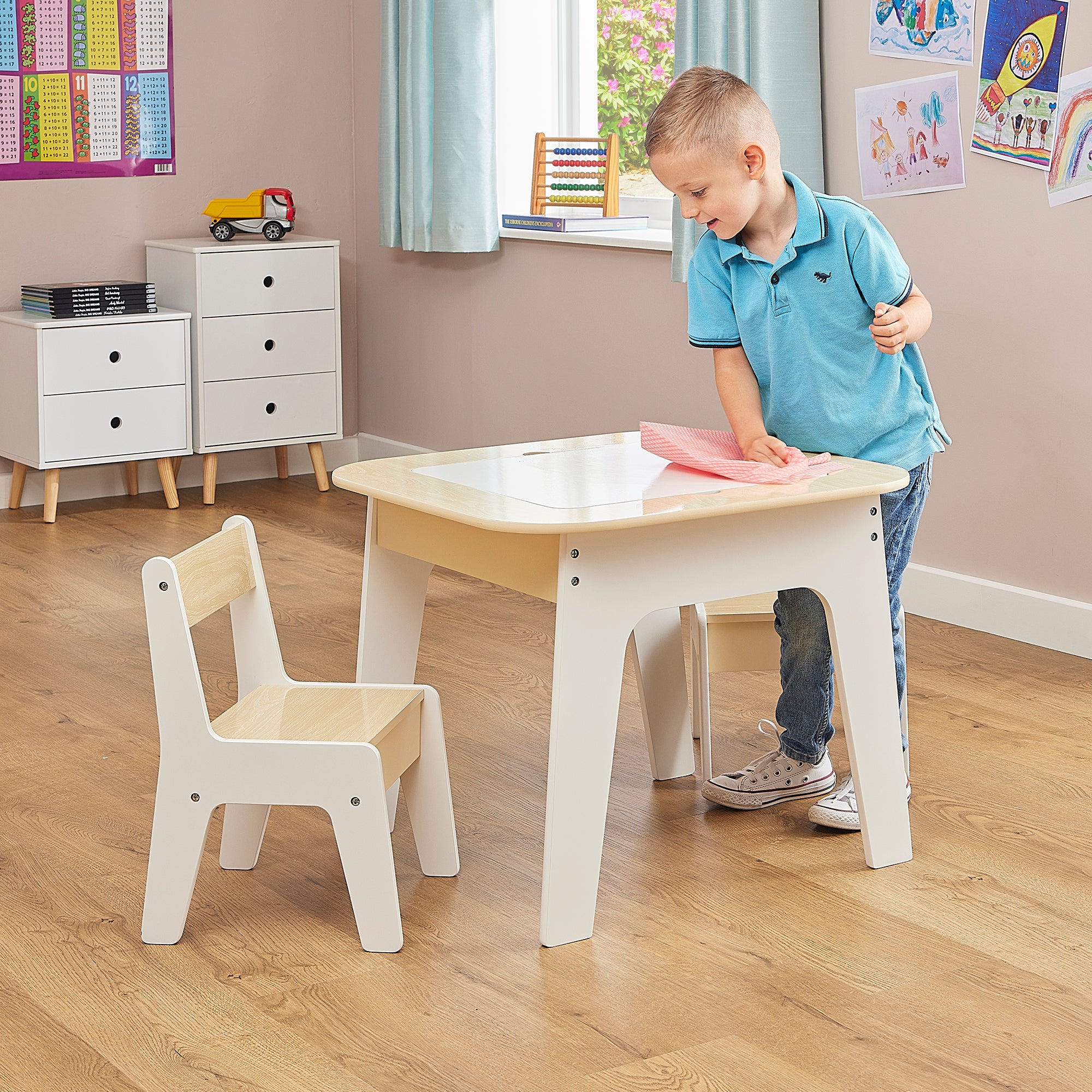 Kids 3-in-1 Storage Table & 2 Chairs Set (18 Months – 5 Years)