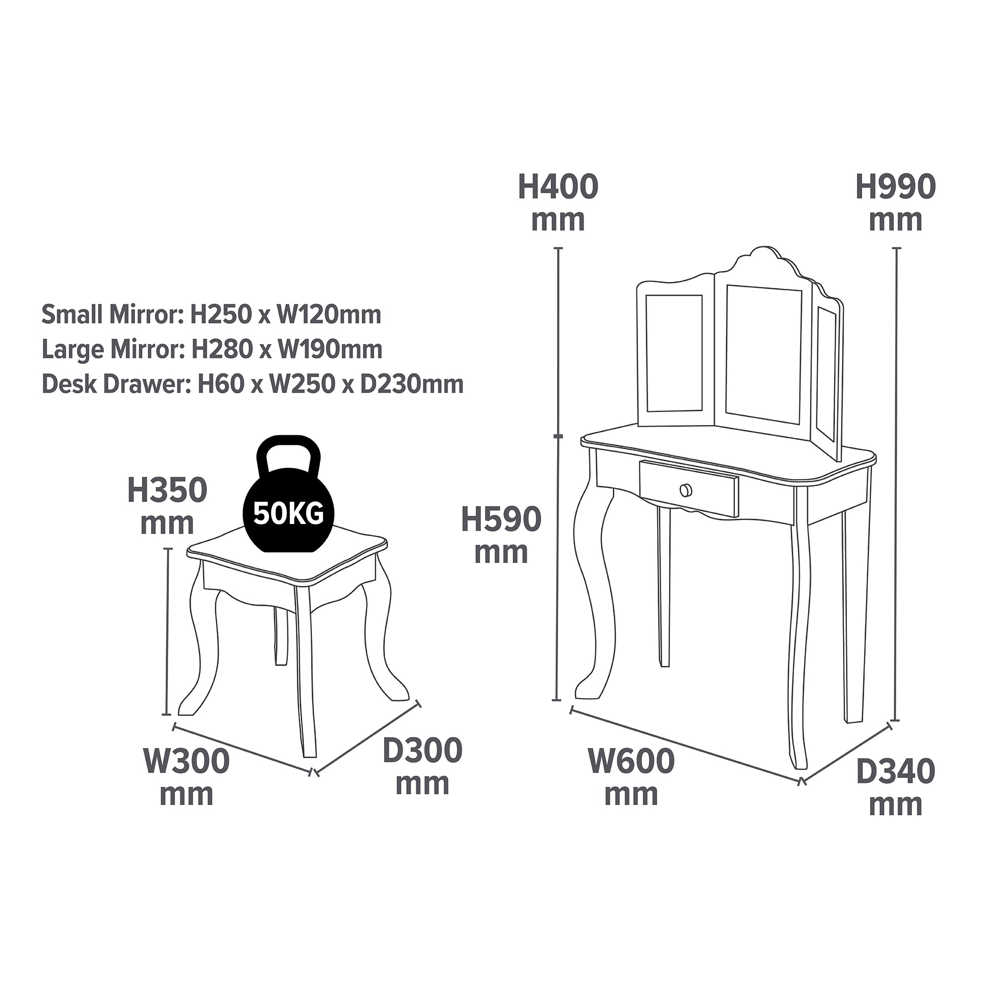 Kids White Vanity Table & Stool Set (Ages 3-7)
