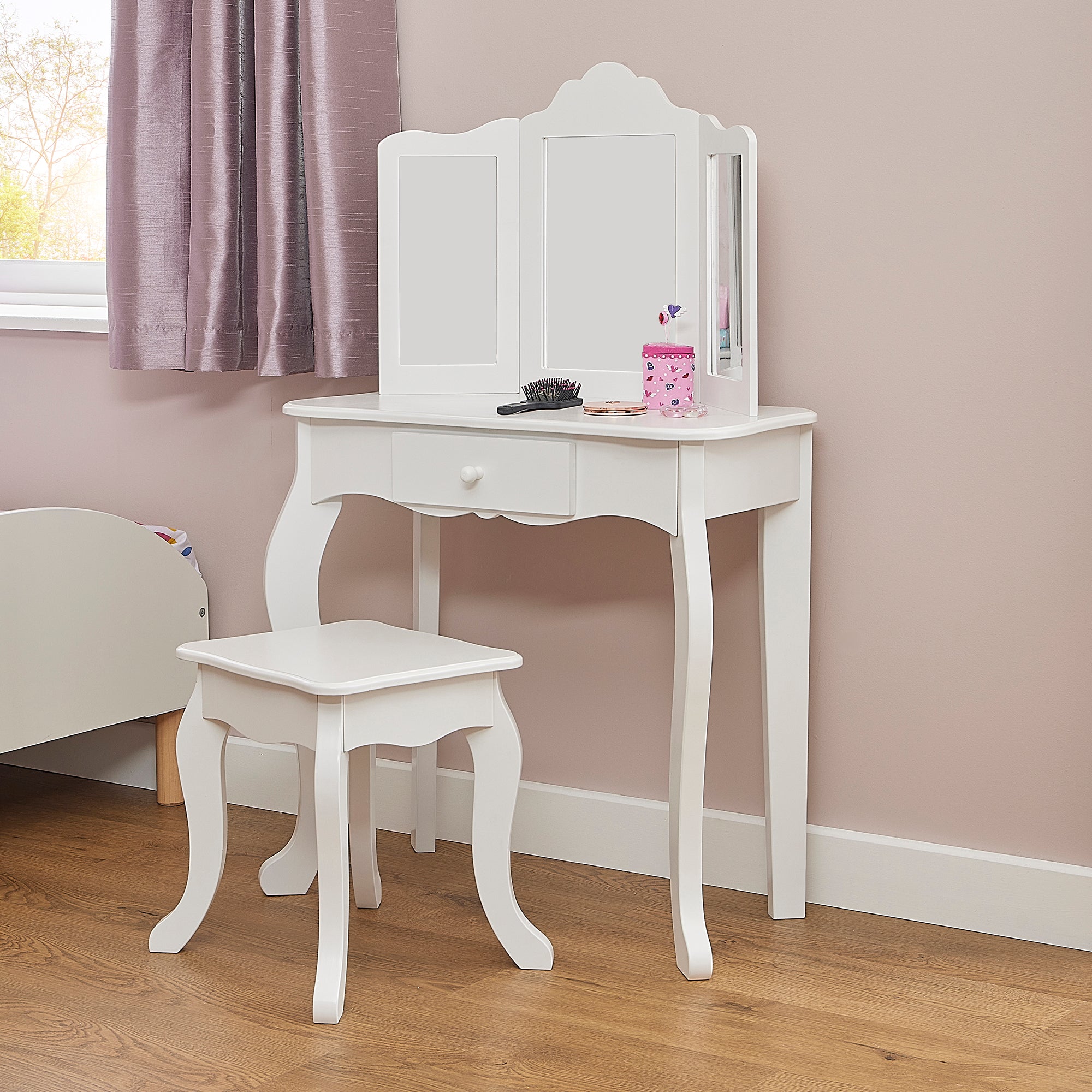 Kids White Vanity Table & Stool Set (Ages 3-7)