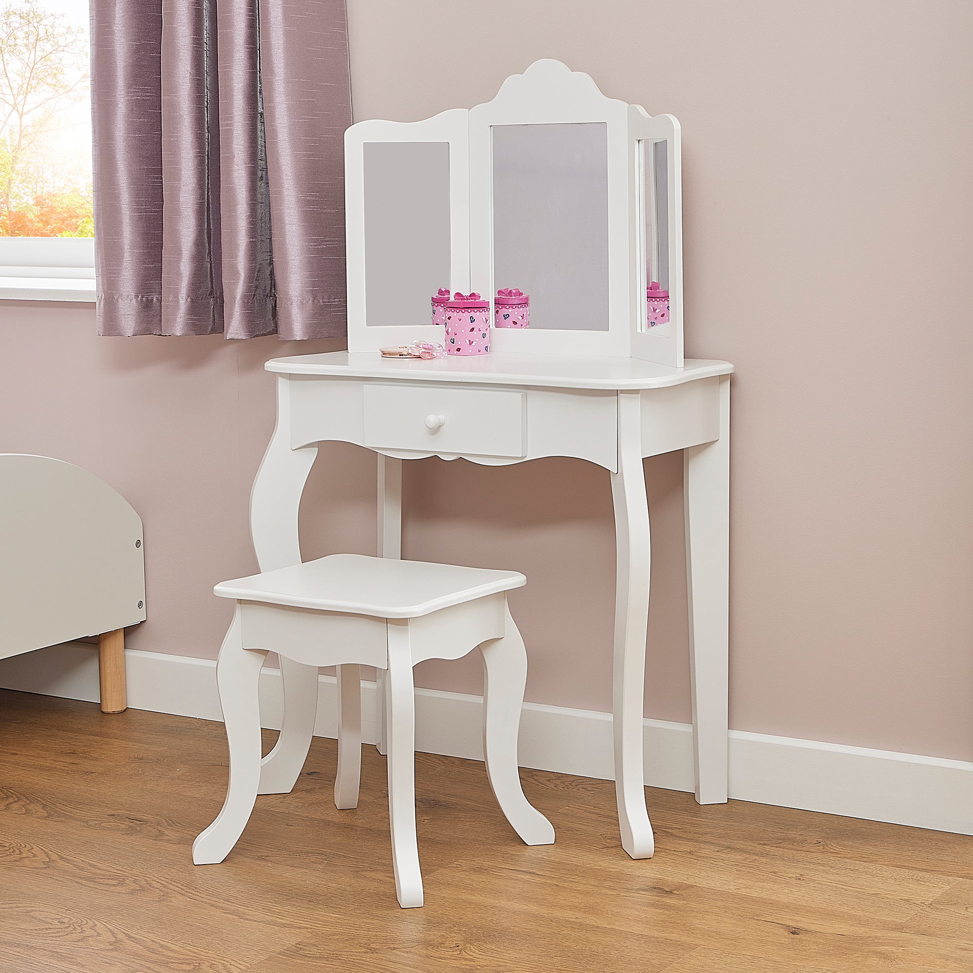 Kids White Vanity Table & Stool Set (Ages 3-7)