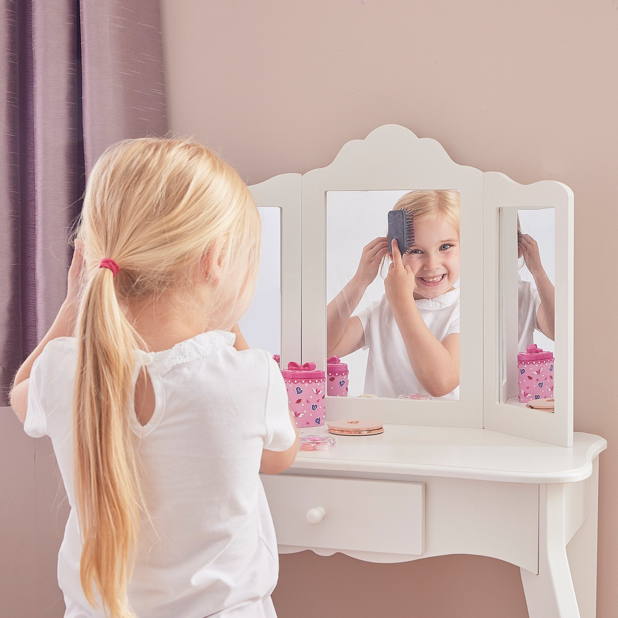 Kids White Vanity Table & Stool Set (Ages 3-7)
