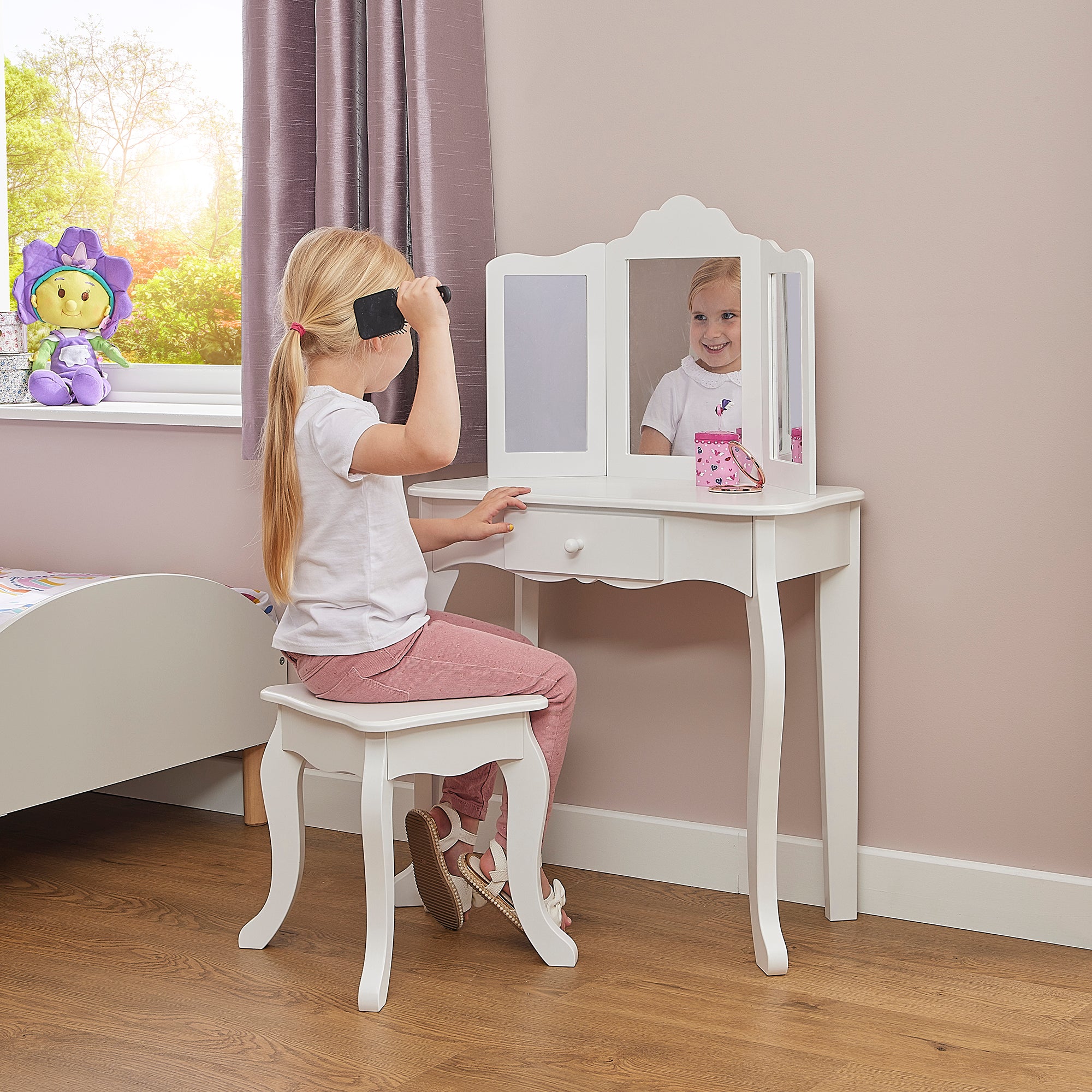 Kids White Vanity Table & Stool Set (Ages 3-7)