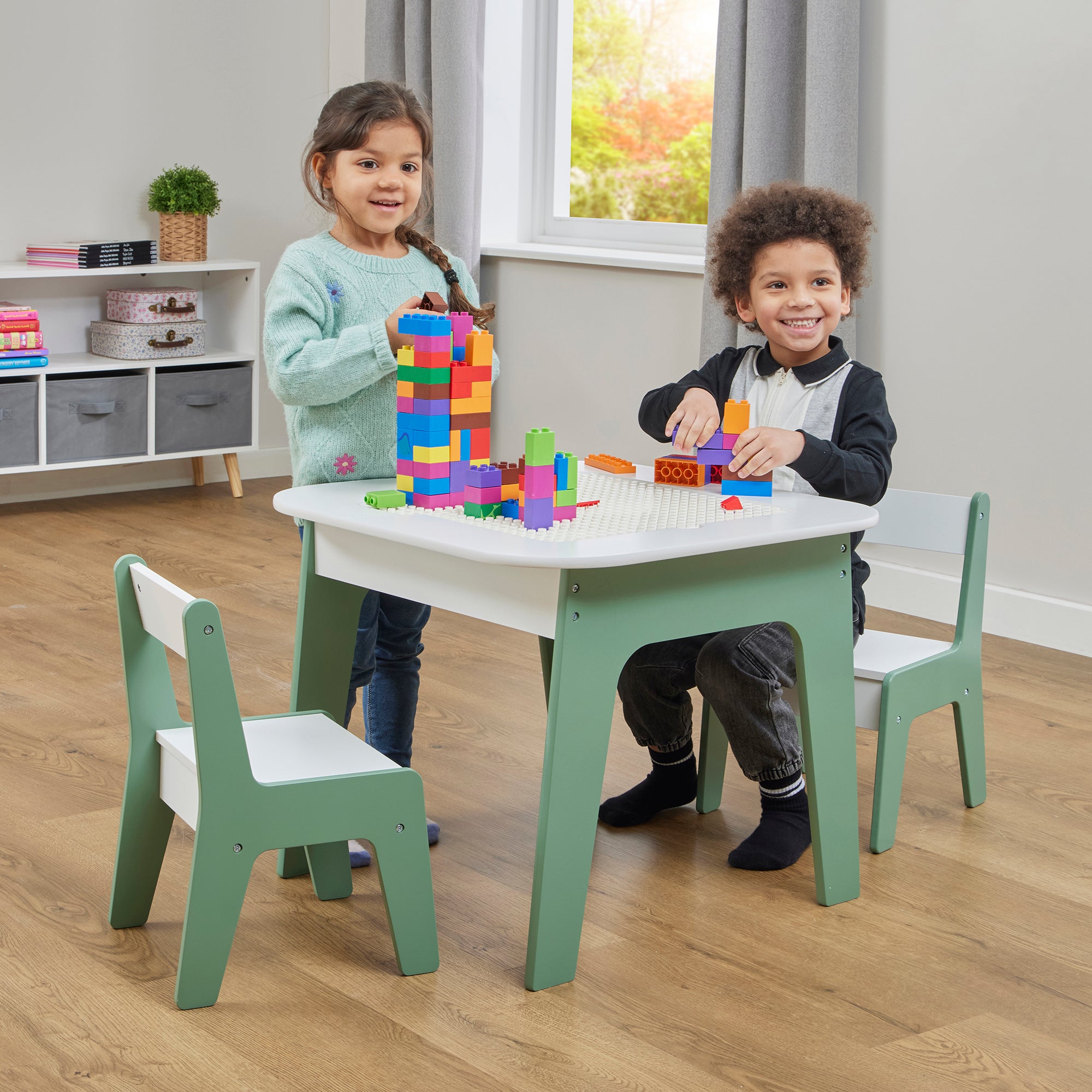 Kids 4-in-1 Storage Table & 2 Chairs Set (18 Months – 5 Years)