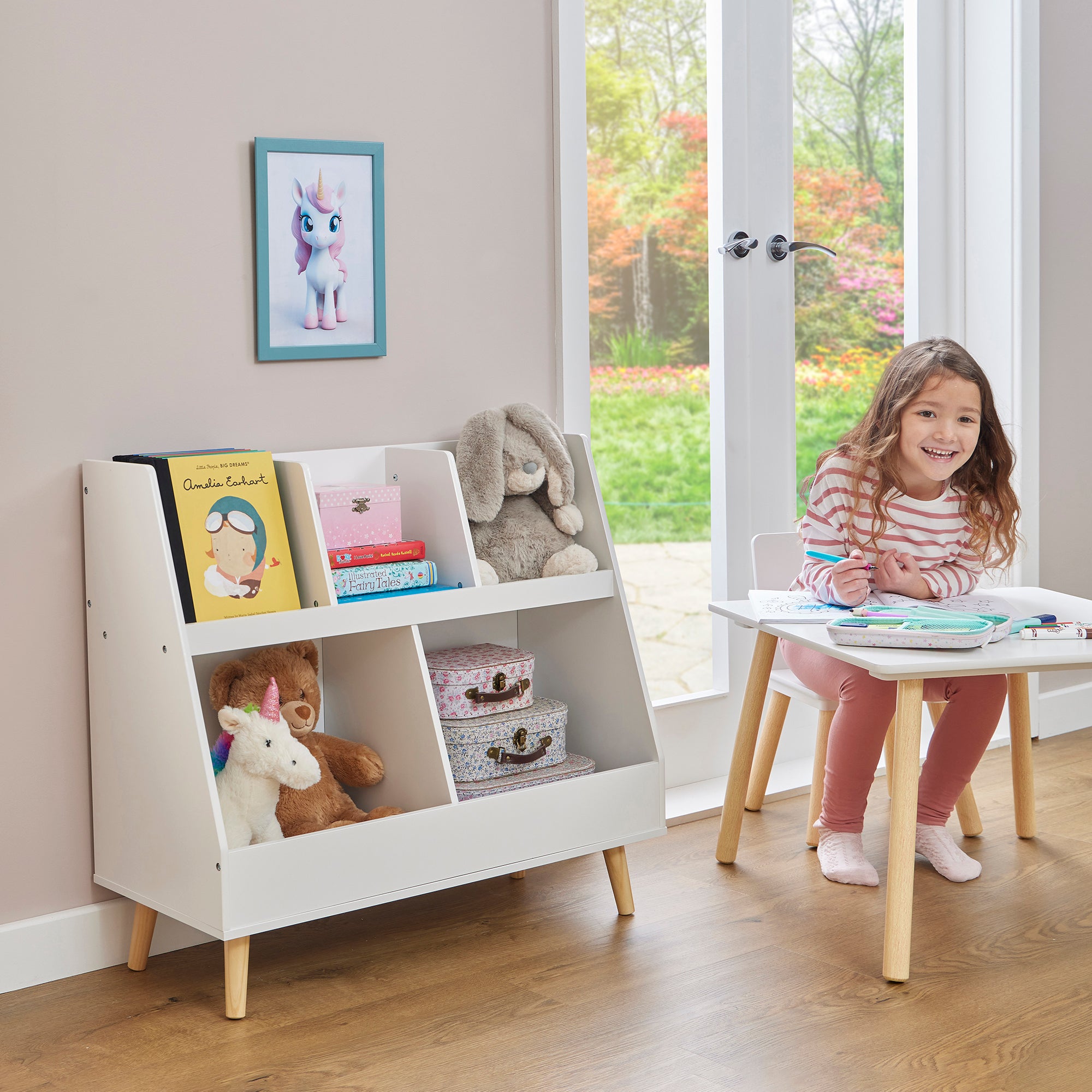 Kids White Sloping Bookcase – Toy & Book Storage (Ages 3-12)