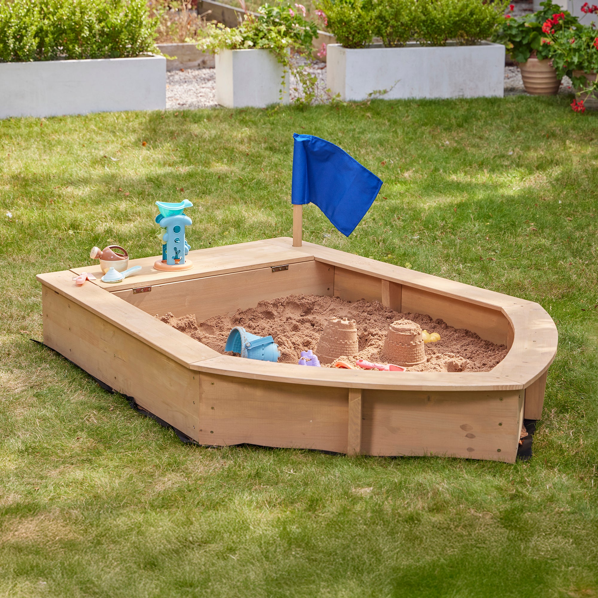 Kids Boat Sand Pit with Seating & Cover (Ages 3+)