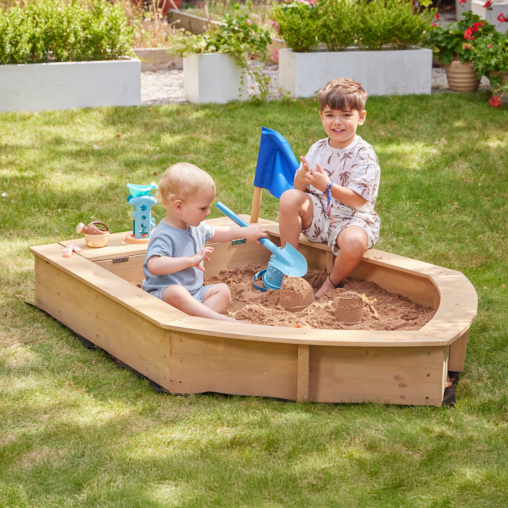 Kids Boat Sand Pit with Seating & Cover (Ages 3+)