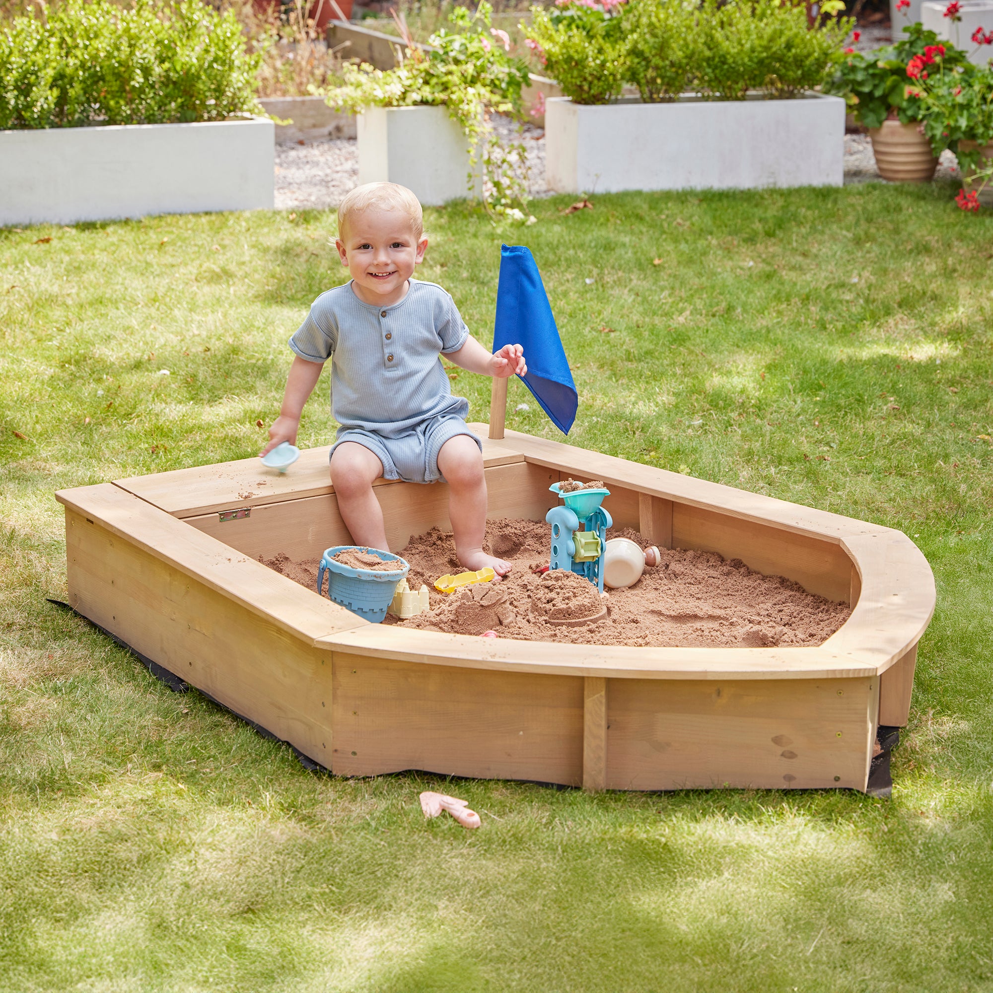 Kids Boat Sand Pit with Seating & Cover (Ages 3+)