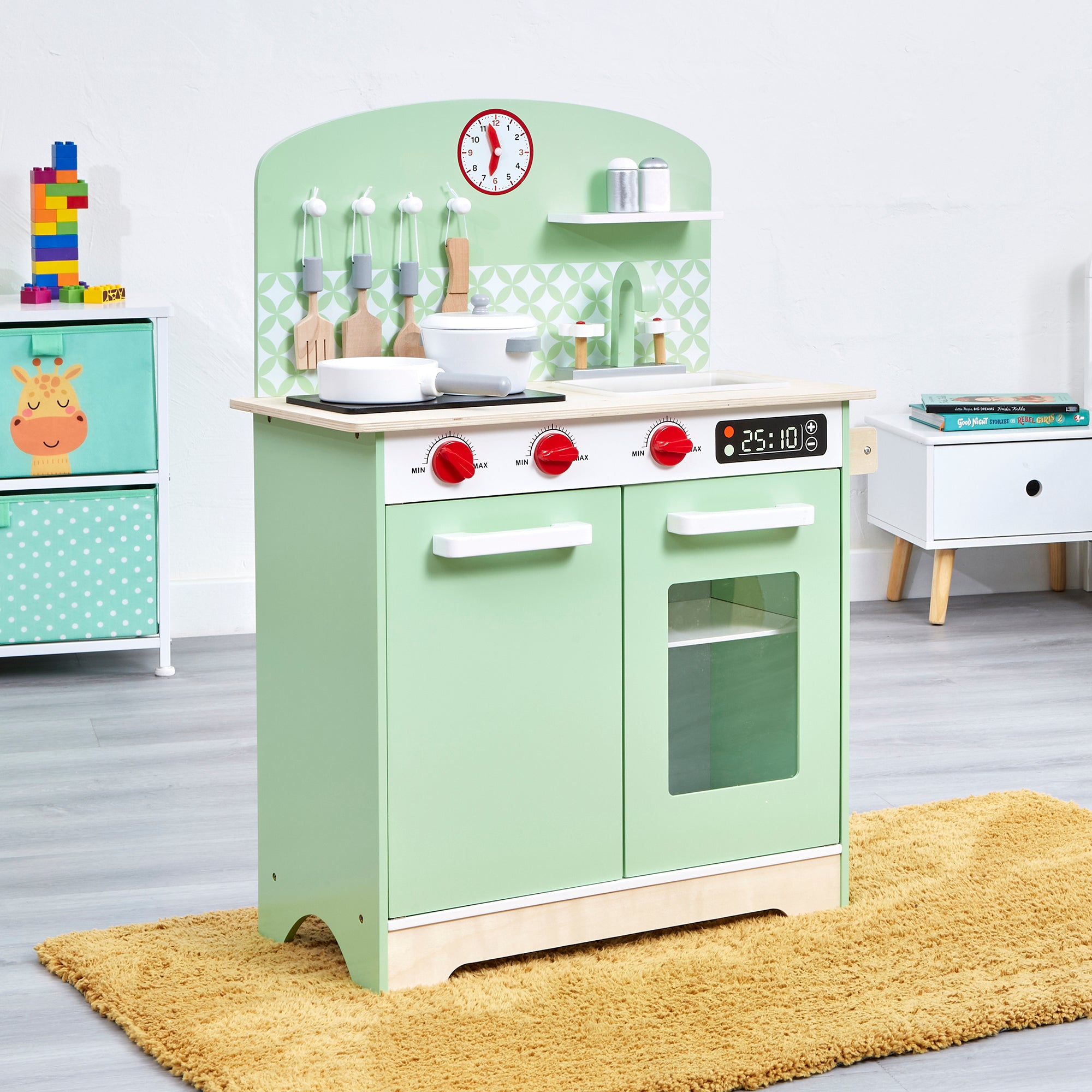 Kids Retro Wooden Play Kitchen with 8 Accessories (Ages 3+)