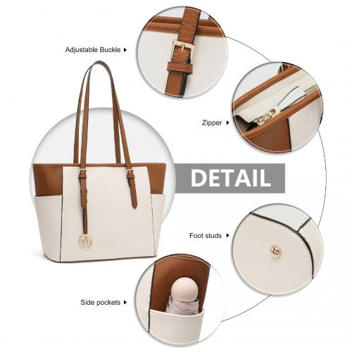 Miss Lulu Faux Leather Adjustable Handle Tote Bag - Beige And Light Brown