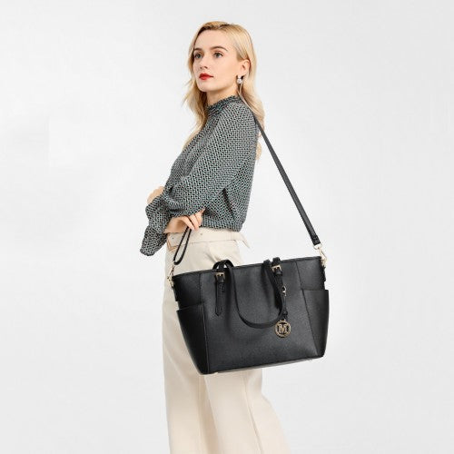 Miss Lulu Faux Leather Adjustable Handle Tote Bag - Black