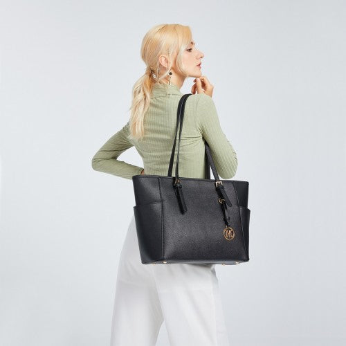 Miss Lulu Faux Leather Adjustable Handle Tote Bag - Black