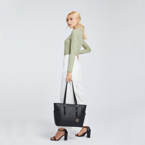 Miss Lulu Faux Leather Adjustable Handle Tote Bag - Black