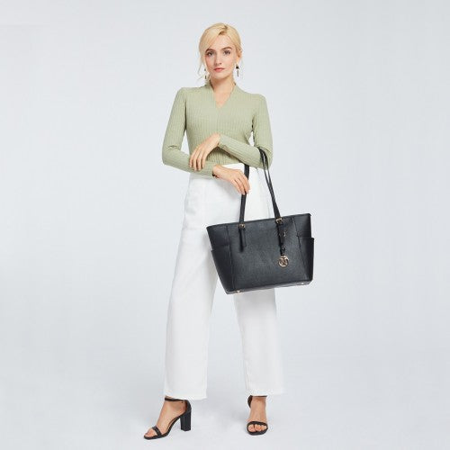 Miss Lulu Faux Leather Adjustable Handle Tote Bag - Black