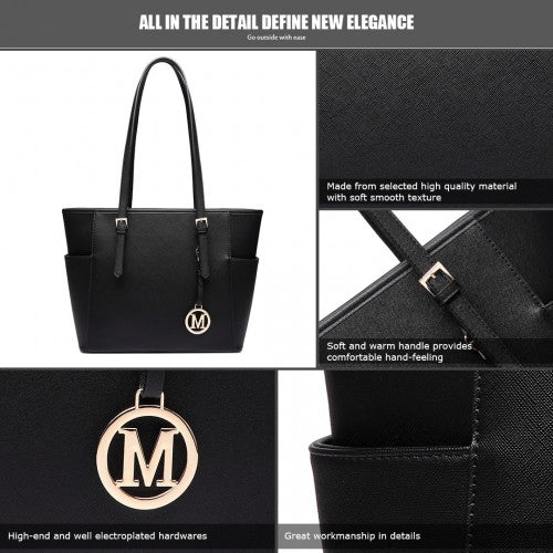 Miss Lulu Faux Leather Adjustable Handle Tote Bag - Black