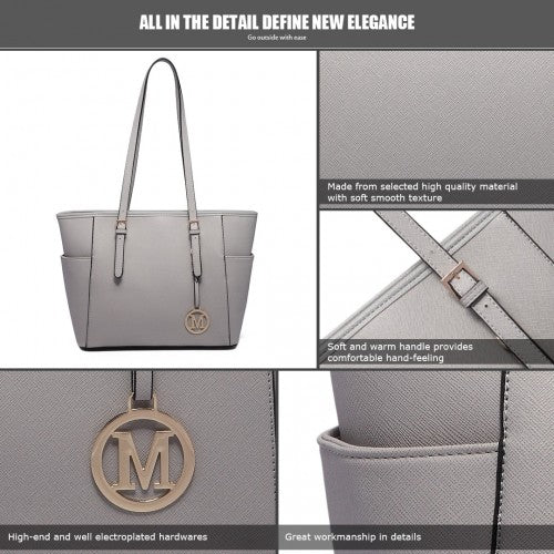 Miss Lulu Faux Leather Adjustable Handle Tote Bag - Light Grey