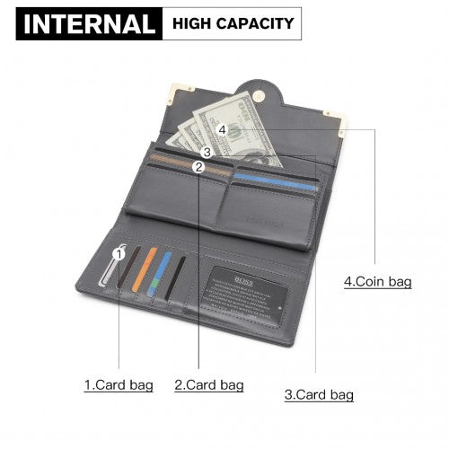 Miss Lulu Leather Look Classic Long Purse - Dark Grey